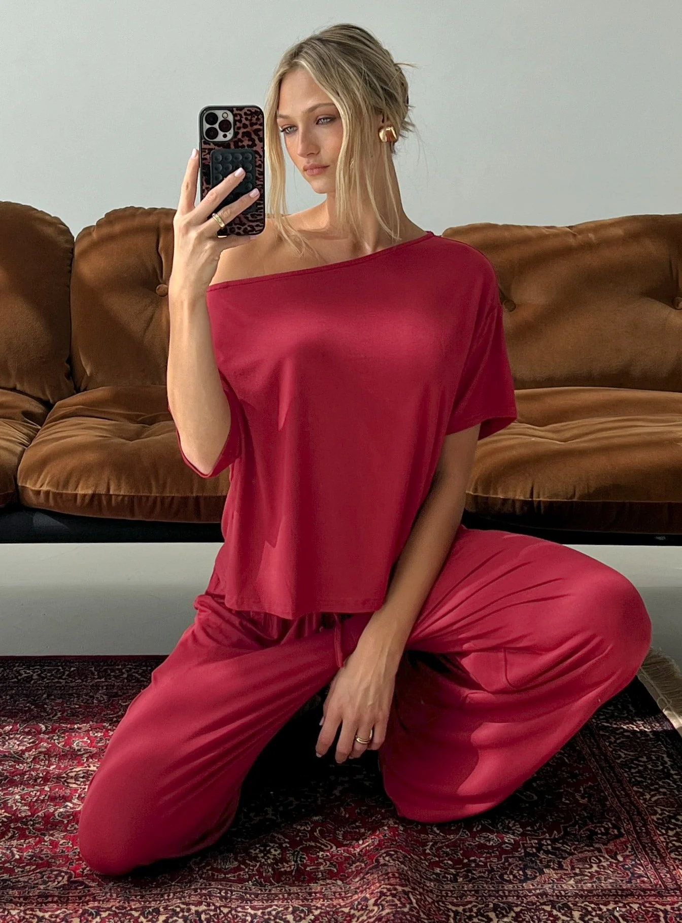 Cozy Hour Sleep Relaxed Off Shoulder Top Red - Image 8