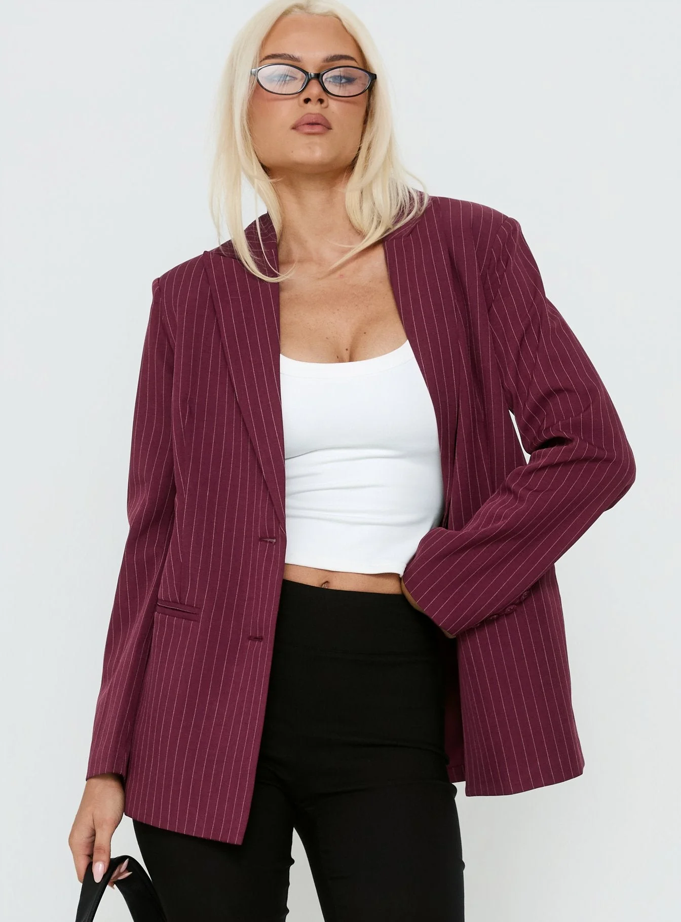 Crowd Pleaser Pinstripe Oversized Blazer Burgundy Pinstripe - Image 2