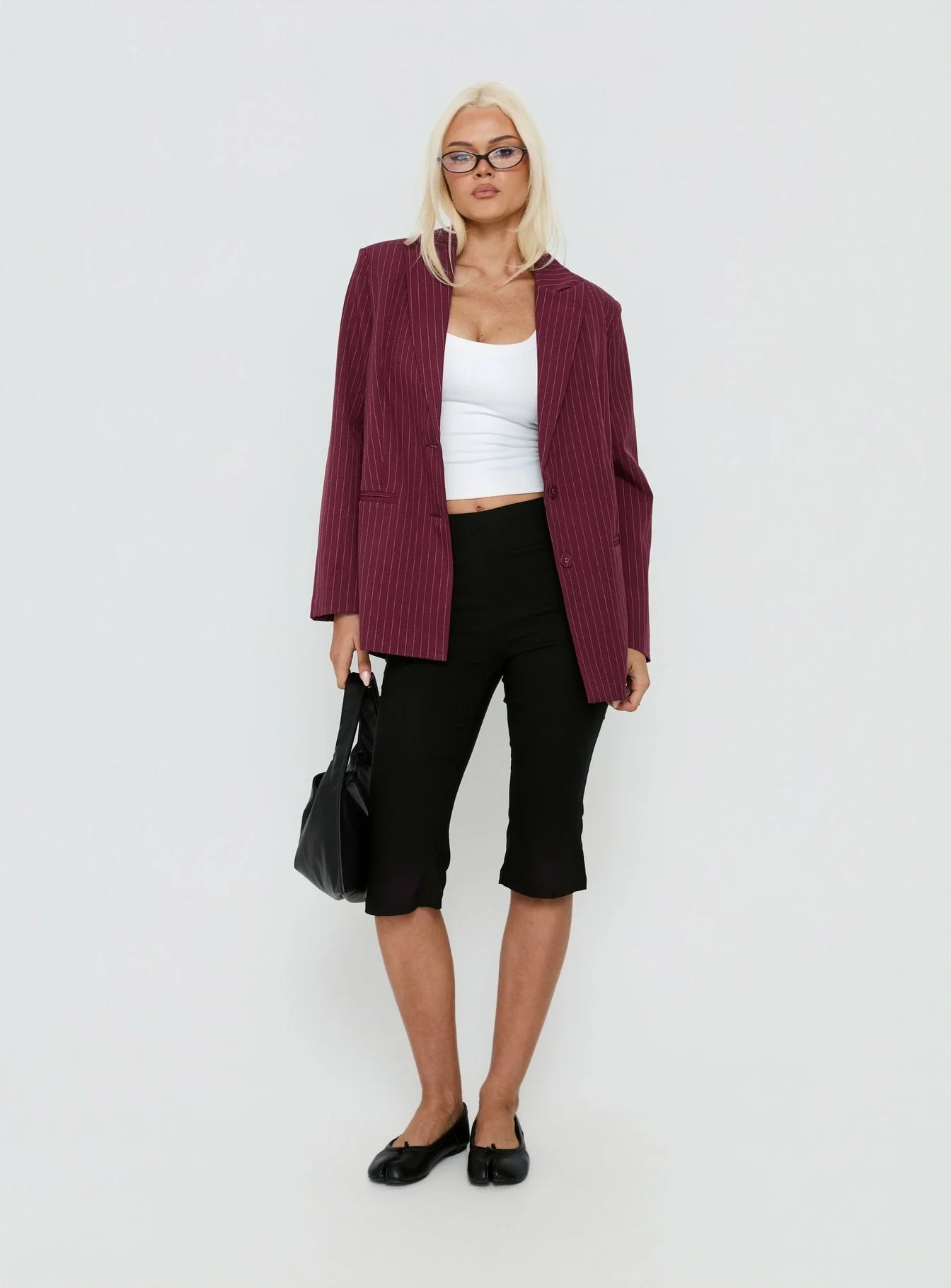 Crowd Pleaser Pinstripe Oversized Blazer Burgundy Pinstripe - Image 3