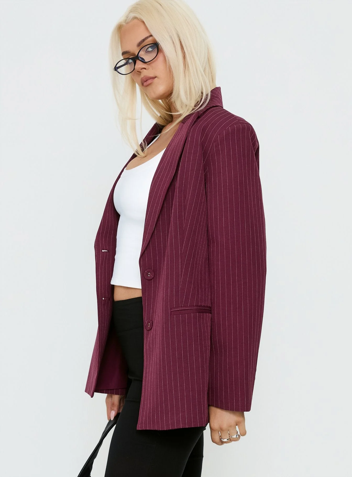 Crowd Pleaser Pinstripe Oversized Blazer Burgundy Pinstripe - Image 4