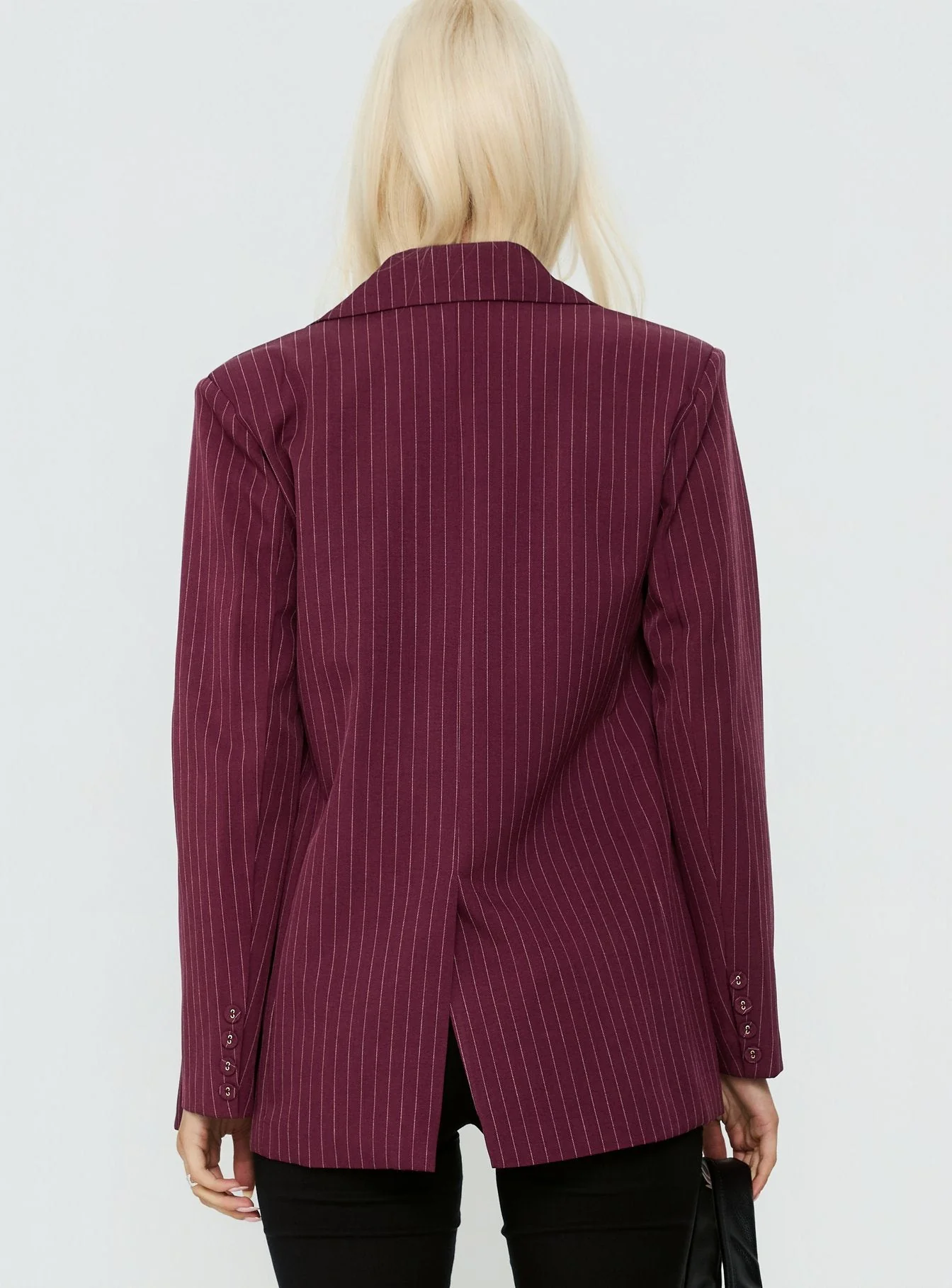 Crowd Pleaser Pinstripe Oversized Blazer Burgundy Pinstripe - Image 5