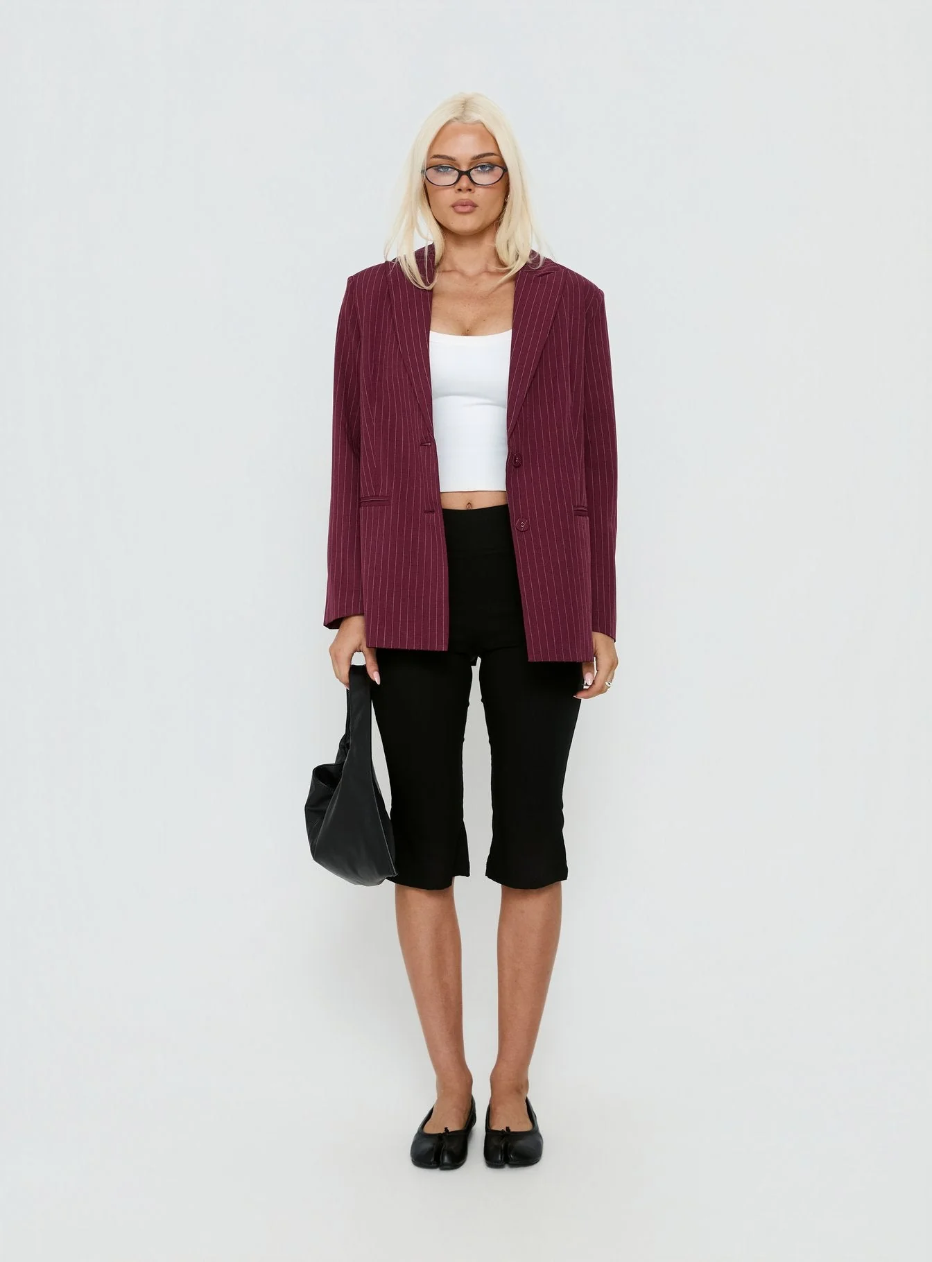 Crowd Pleaser Pinstripe Oversized Blazer Burgundy Pinstripe - Image 7
