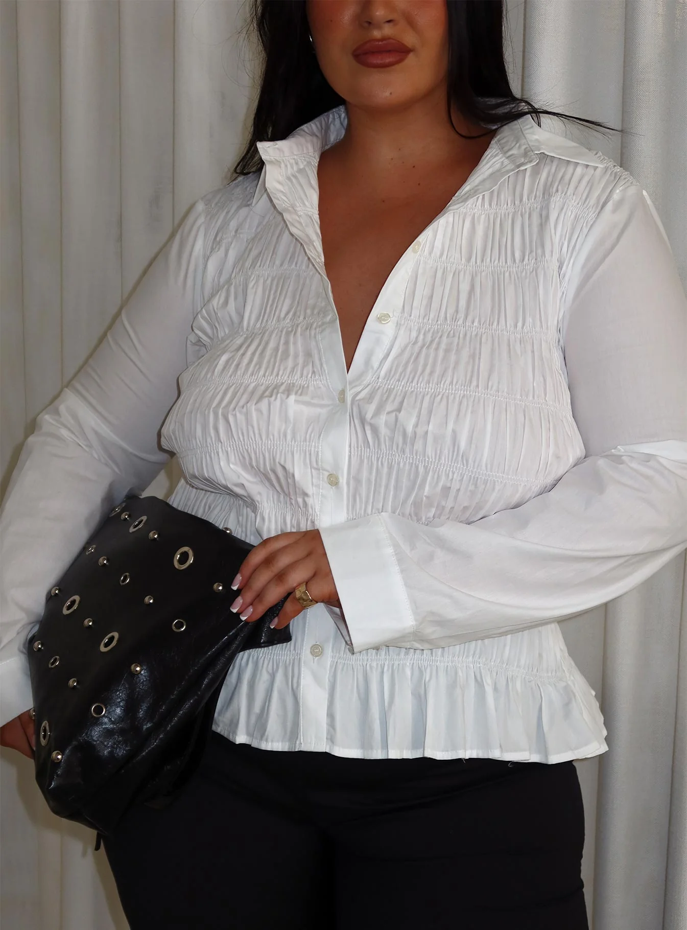 Cultivate Shirred Long Sleeve Top White Curve