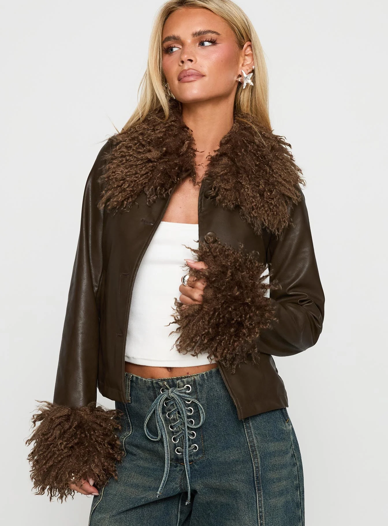 Cupid Clouds Faux Leather Jacket Brown - Image 2