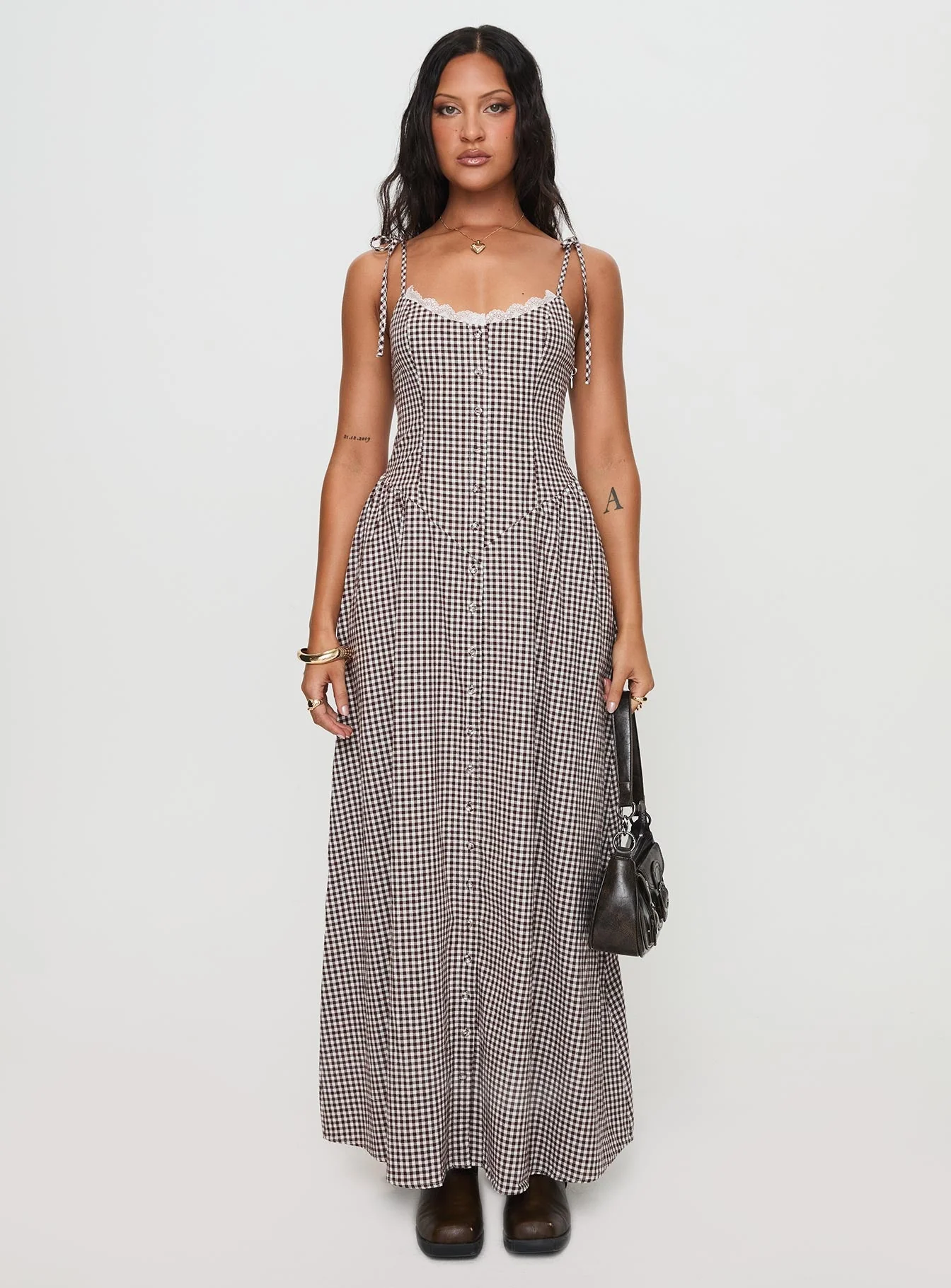 Dalanie Tie Strap Maxi Dress Brown Gingham Petite - Image 6