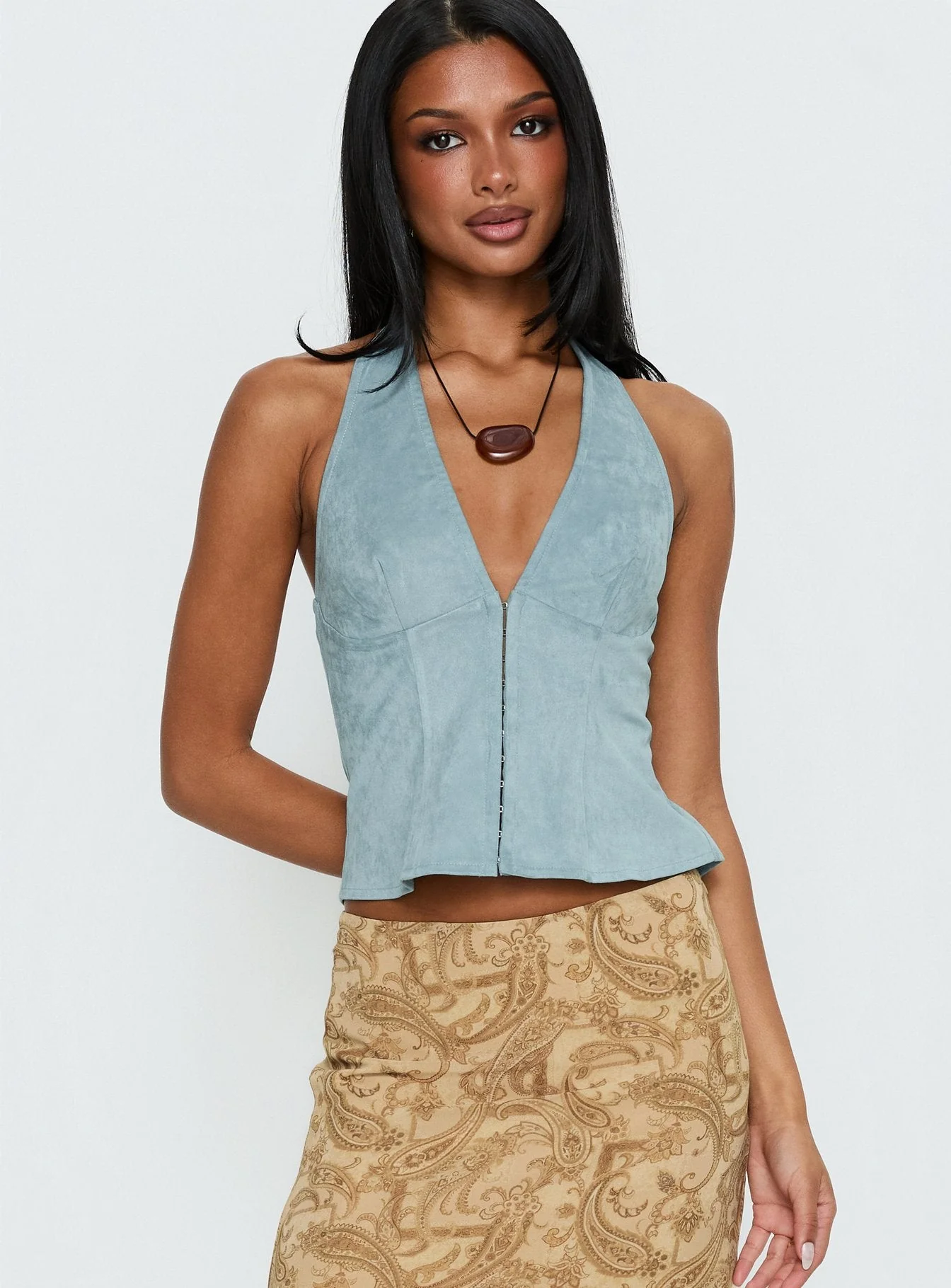 Dalyah Faux Suede Halter Top Soft Blue - Image 3