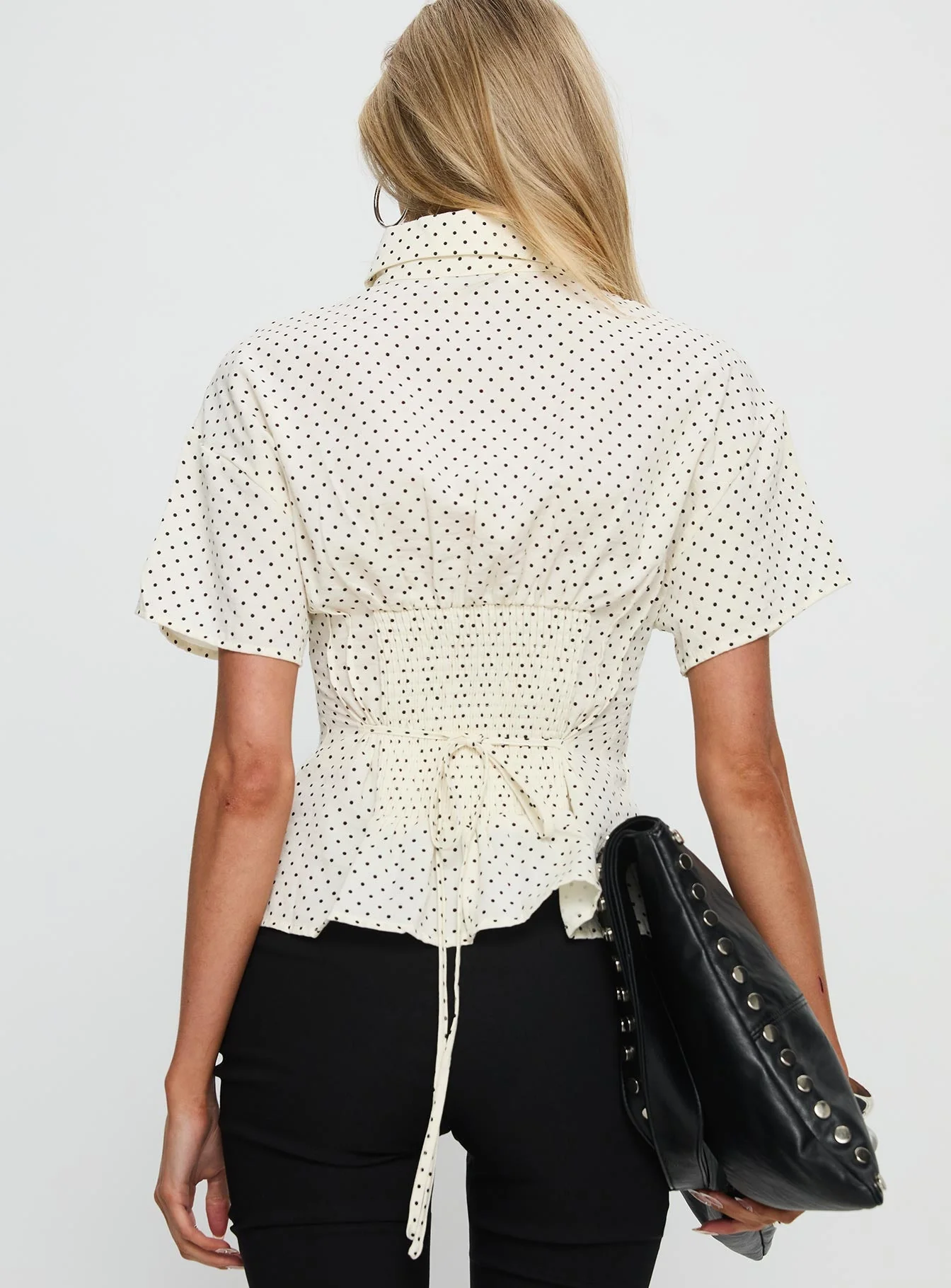 Dannica Cinched Short Sleeve Shirt Cream Polka - Image 5