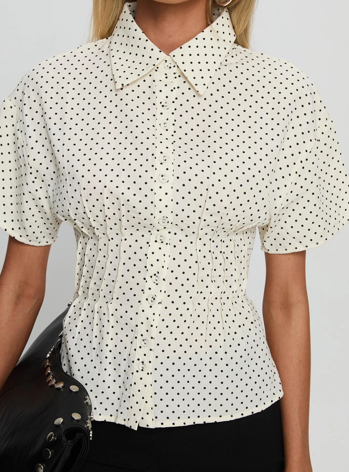 Dannica Cinched Short Sleeve Shirt Cream Polka - Image 6
