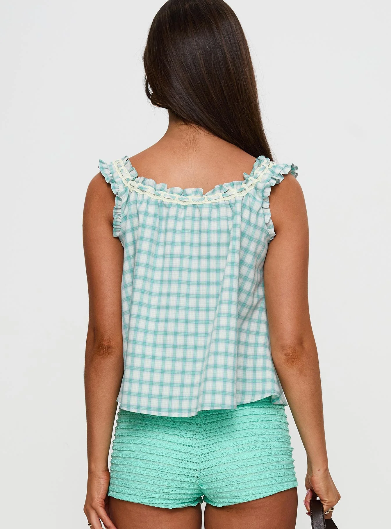 Darleena Babydoll Tie Up Top Aqua Check - Image 4