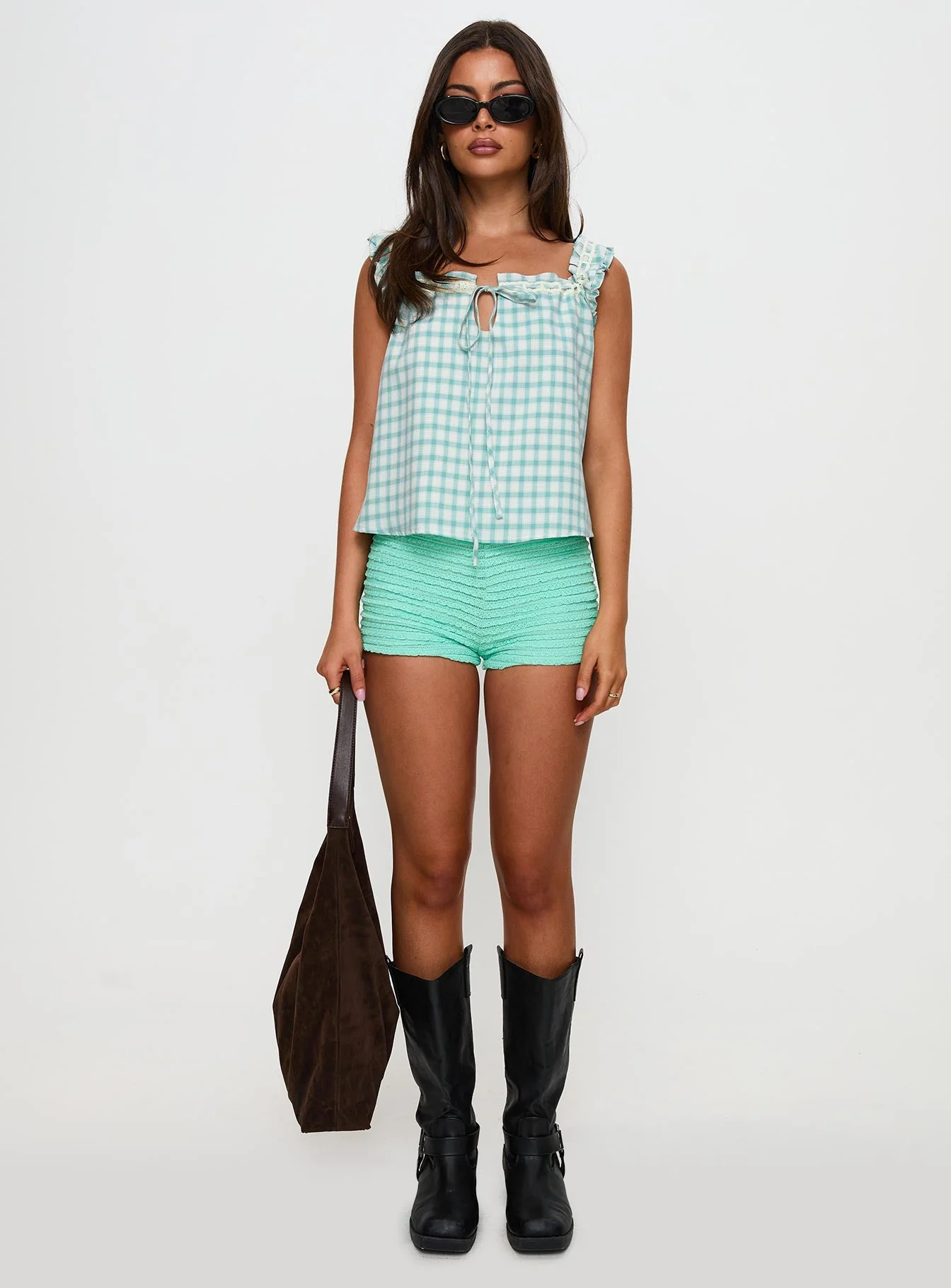 Darleena Babydoll Tie Up Top Aqua Check - Image 6