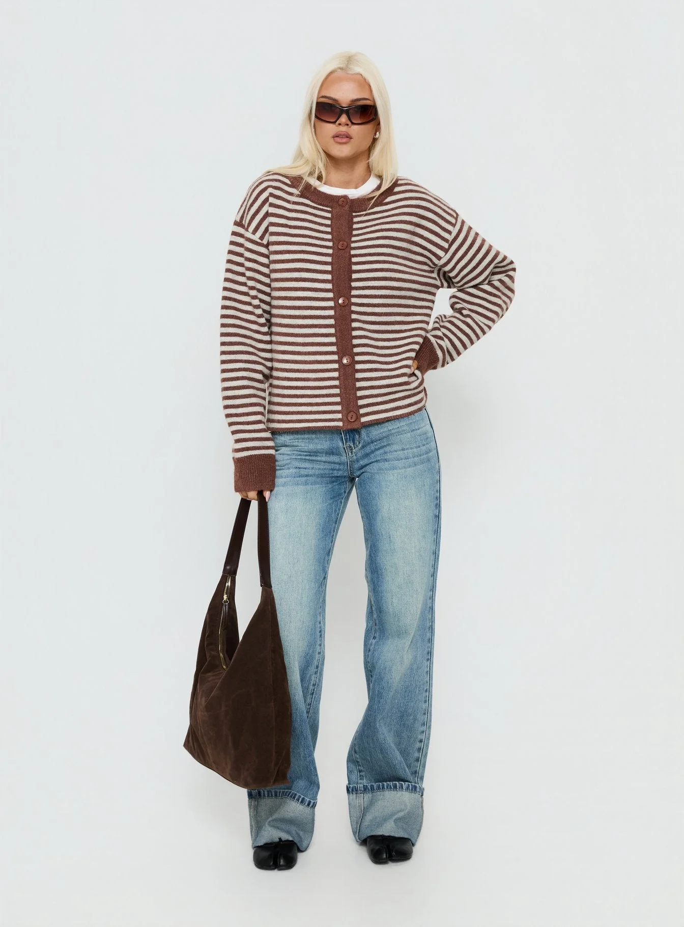 Darnelle Button Up Knit Cardigan Chocolate Stripe - Image 2
