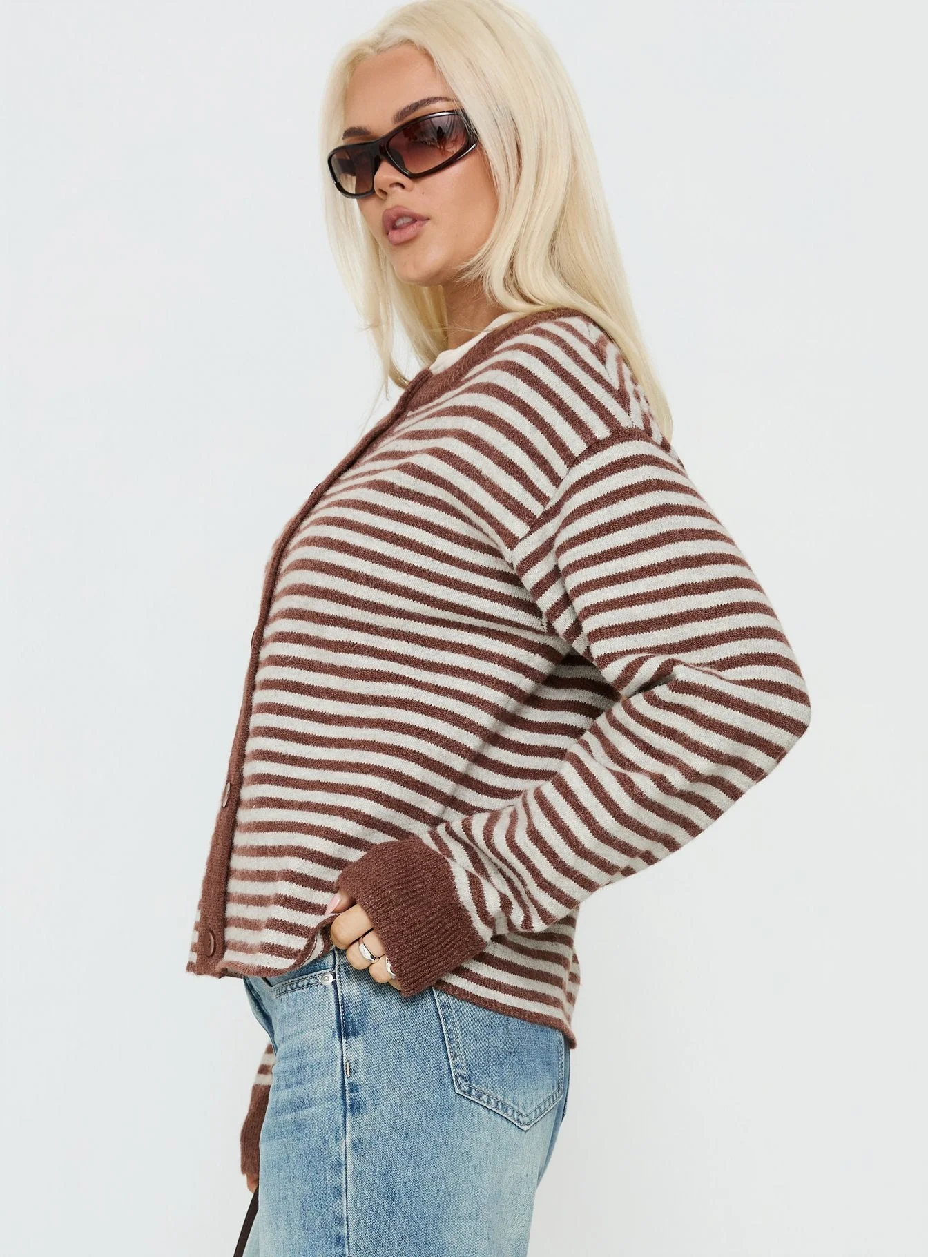 Darnelle Button Up Knit Cardigan Chocolate Stripe - Image 3