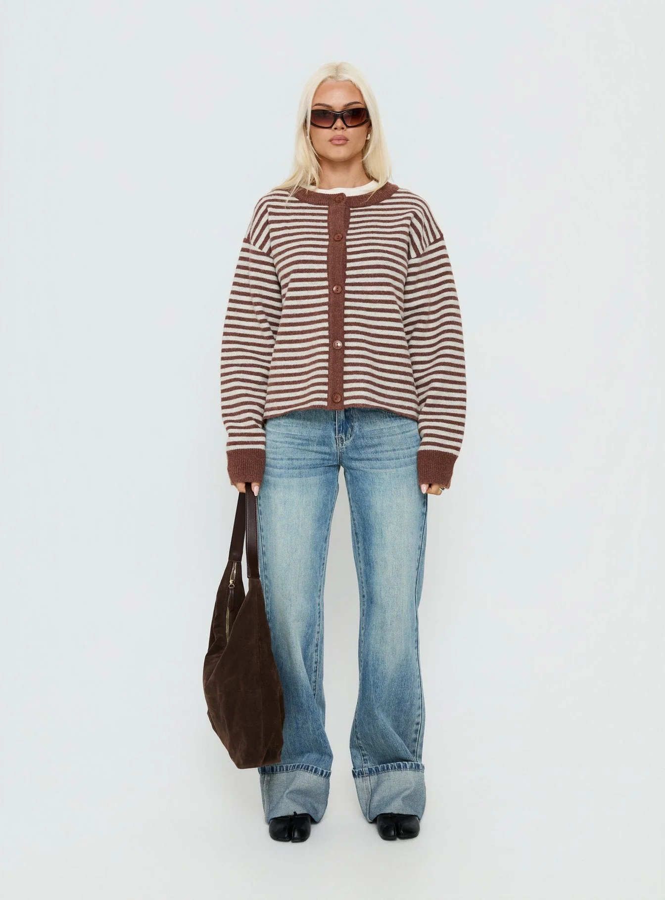 Darnelle Button Up Knit Cardigan Chocolate Stripe - Image 6