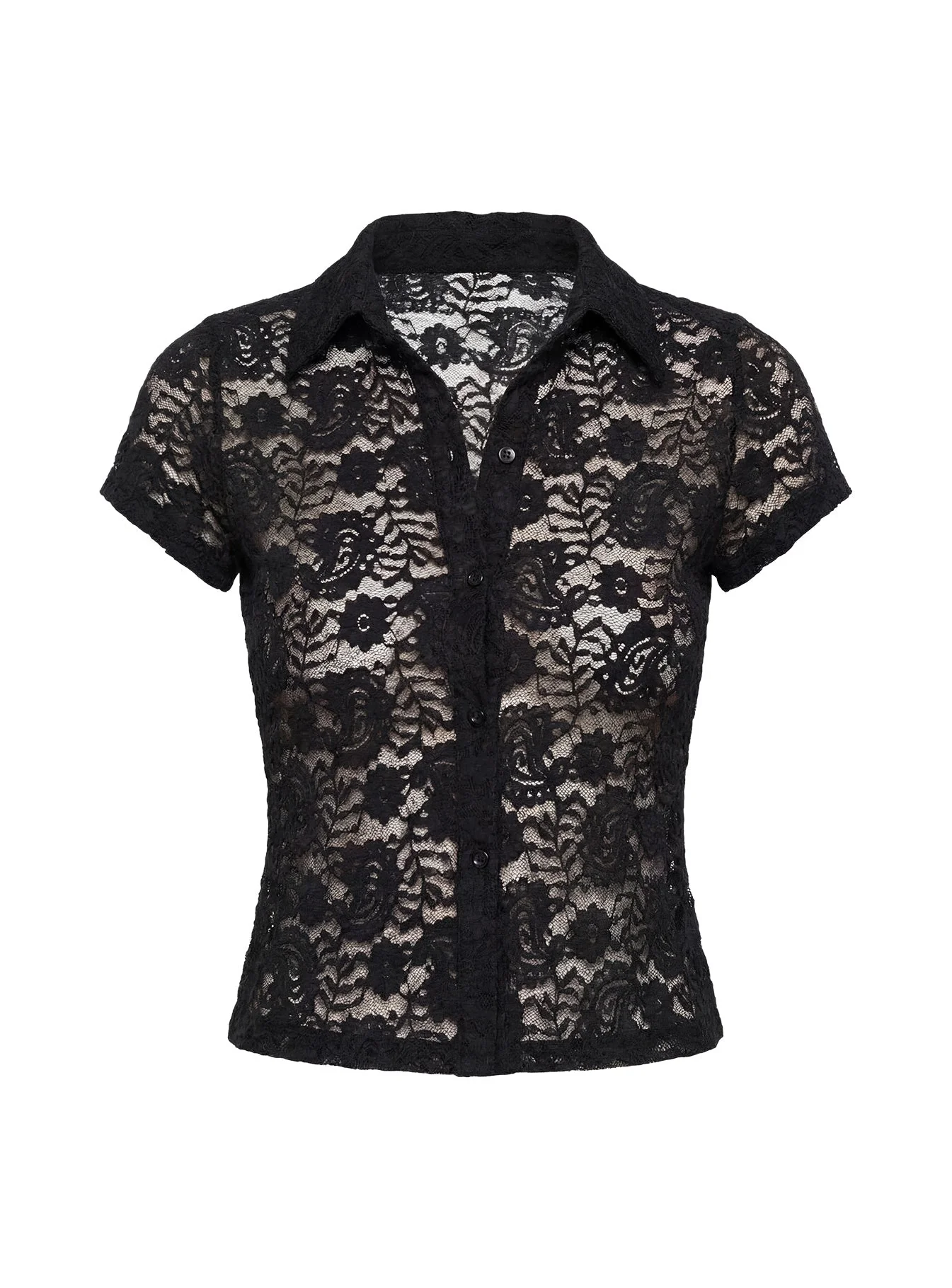 Daveney Lace Short Sleeve Collared Top Black - Image 9