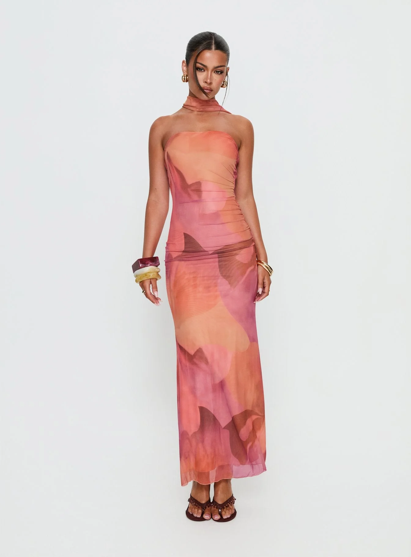 Davynn Scarf Detail Strapless Maxi Dress Pink Multi - Image 2
