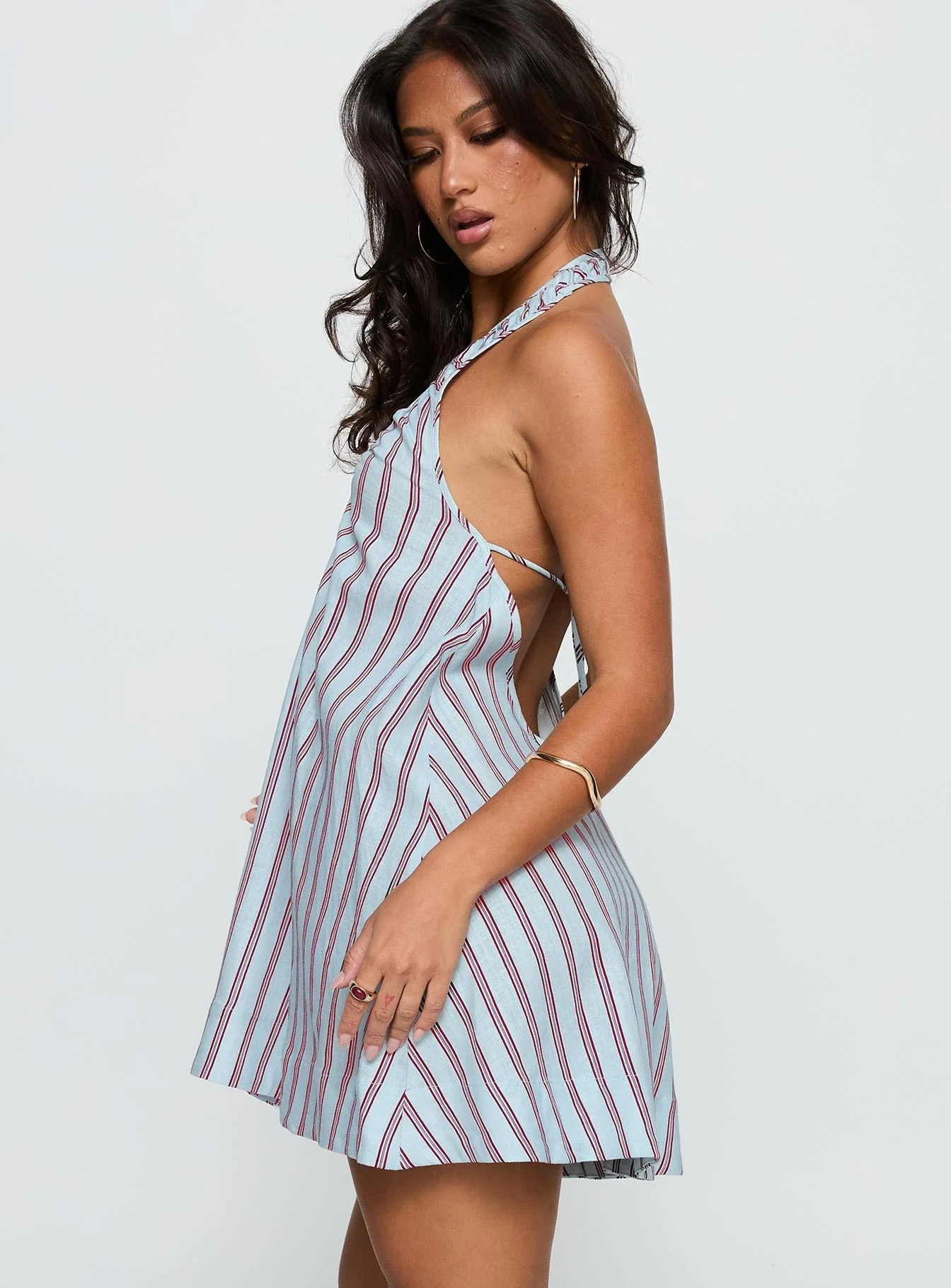 Daydreams Linen Blend Halter Mini Dress Blue / Maroon Stripe - Image 4