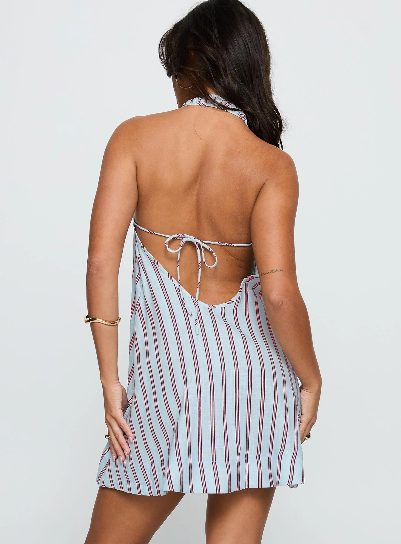 Daydreams Linen Blend Halter Mini Dress Blue / Maroon Stripe - Image 5
