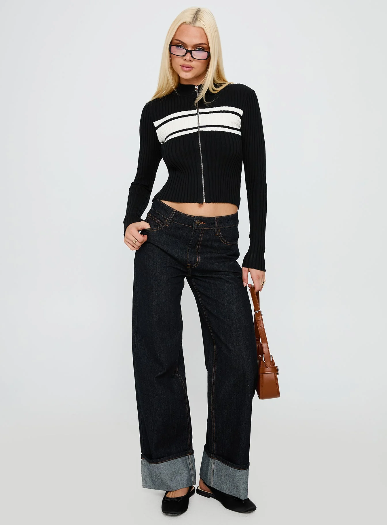 Decisive Zip Through Knit Sweater Black / White - Image 3