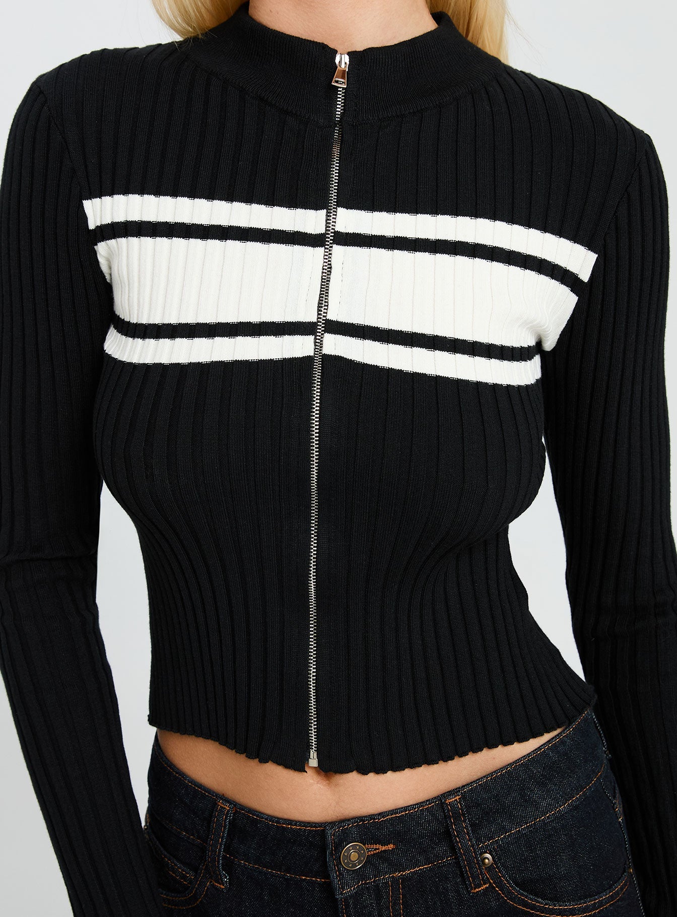 Decisive Zip Through Knit Sweater Black / White - Image 6