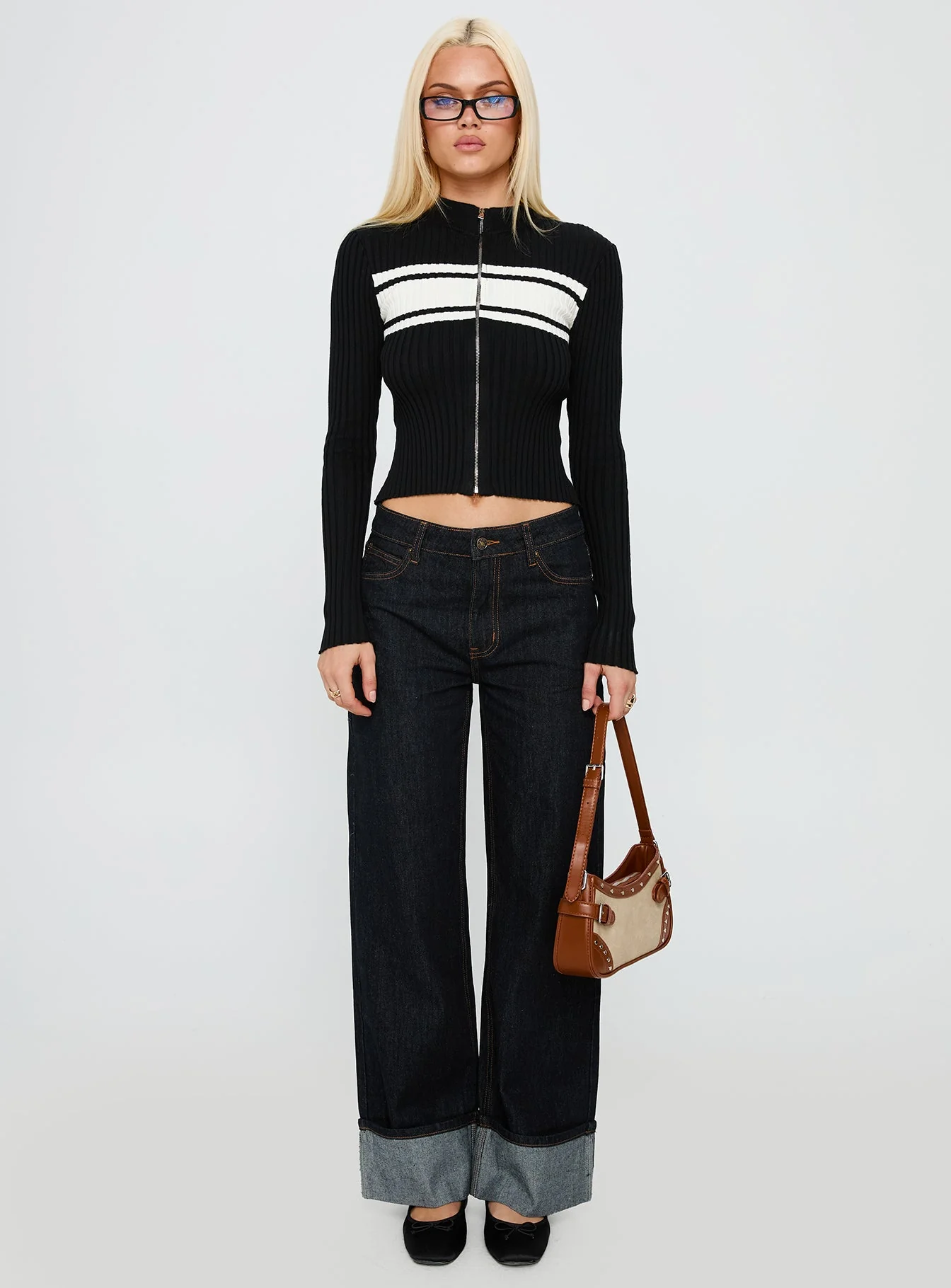 Decisive Zip Through Knit Sweater Black / White - Image 7