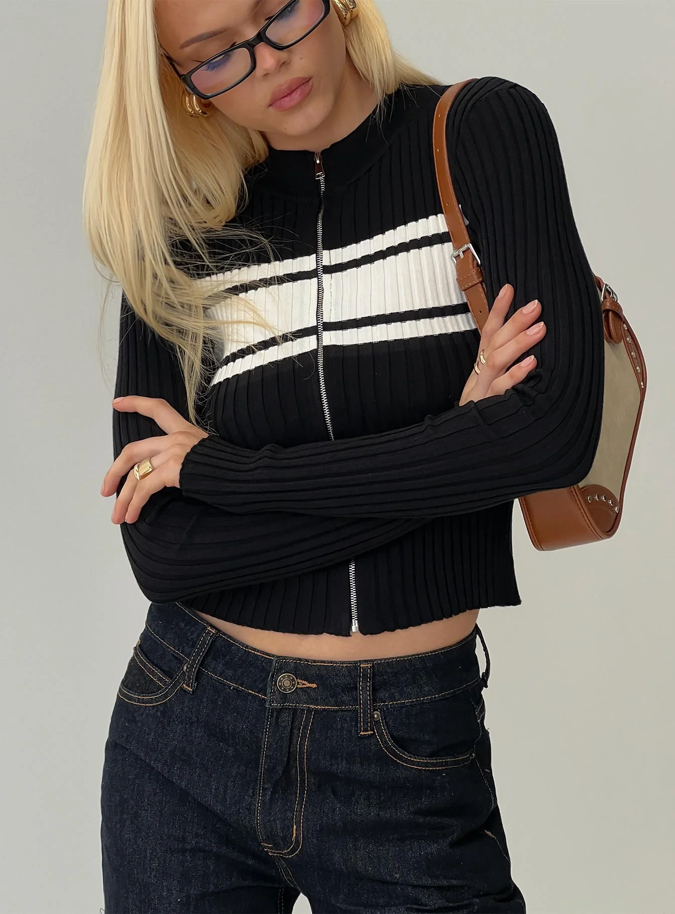 Decisive Zip Through Knit Sweater Black / White - Image 8
