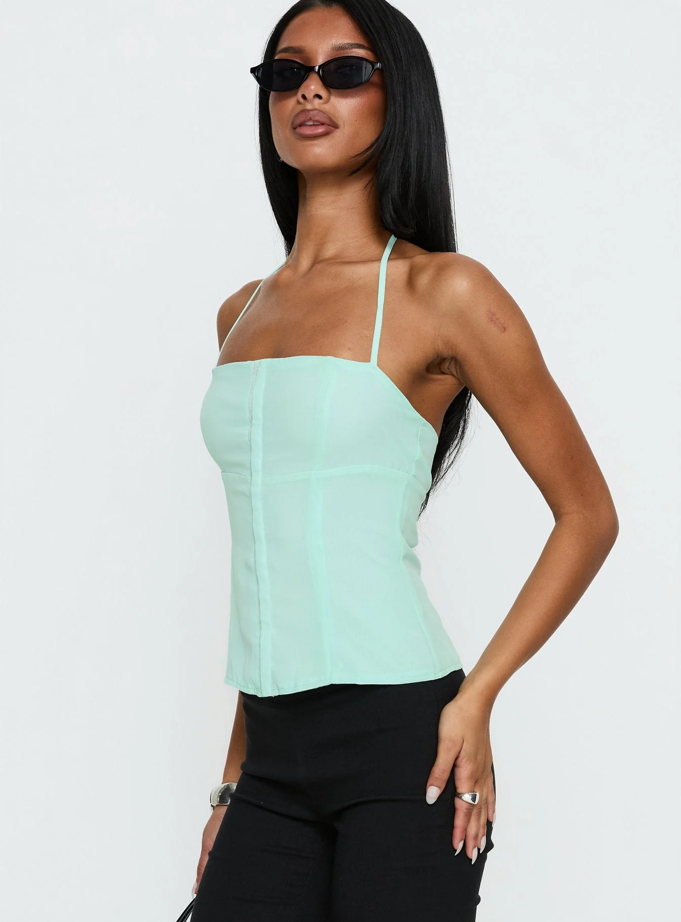 Delamere Tie Neck Top Aqua - Image 3