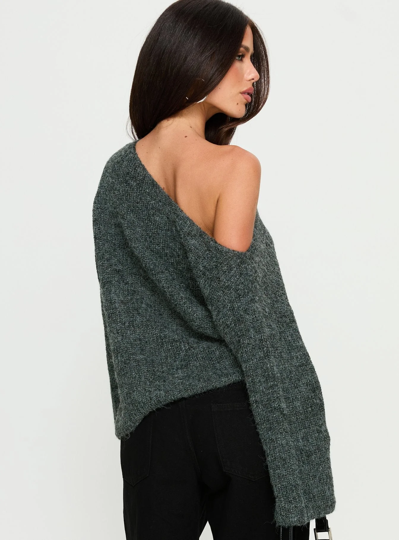 Delyn Off Shoulder Slouchy Knit Sweater Black Marle - Image 5