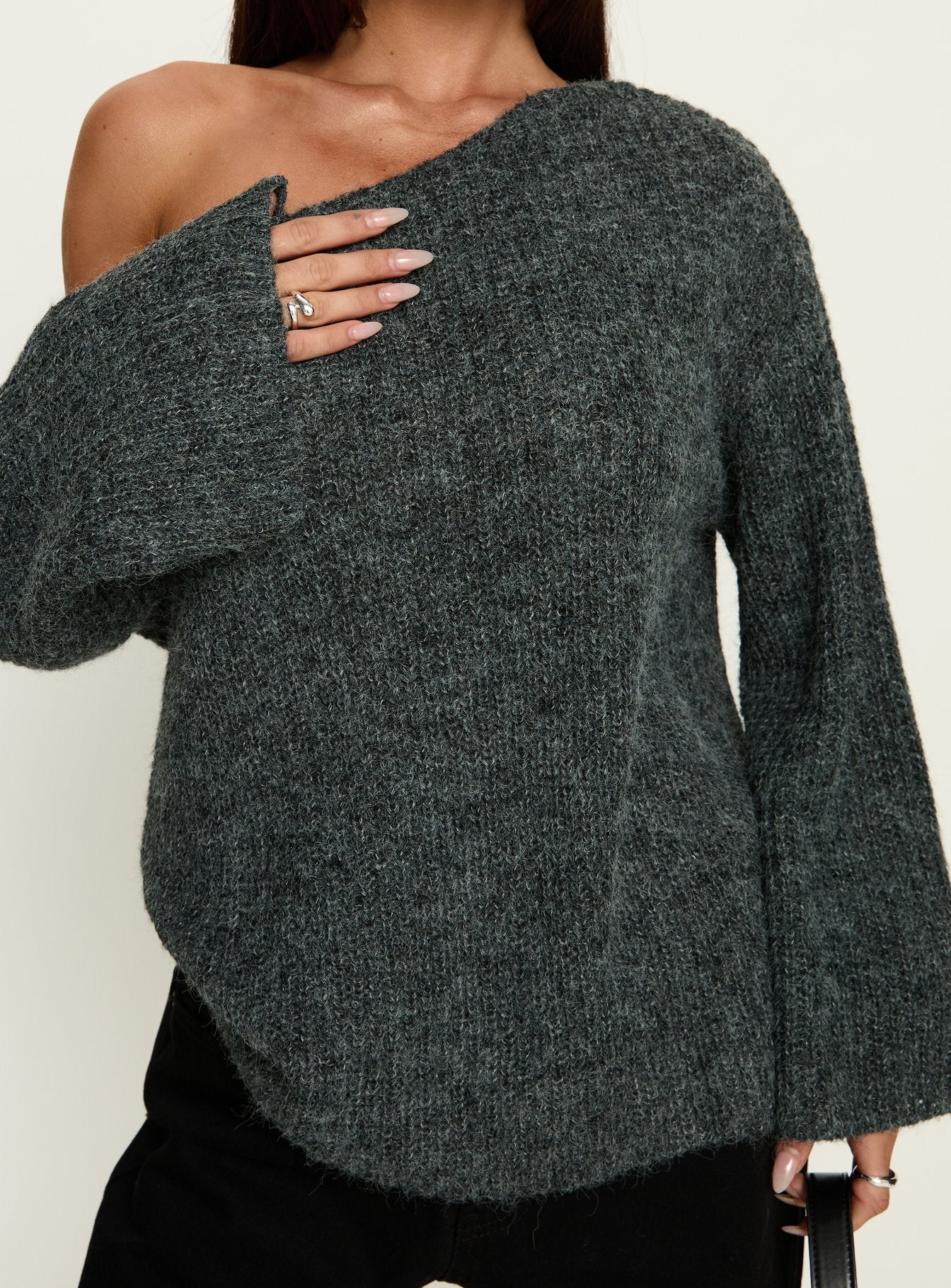 Delyn Off Shoulder Slouchy Knit Sweater Black Marle - Image 6