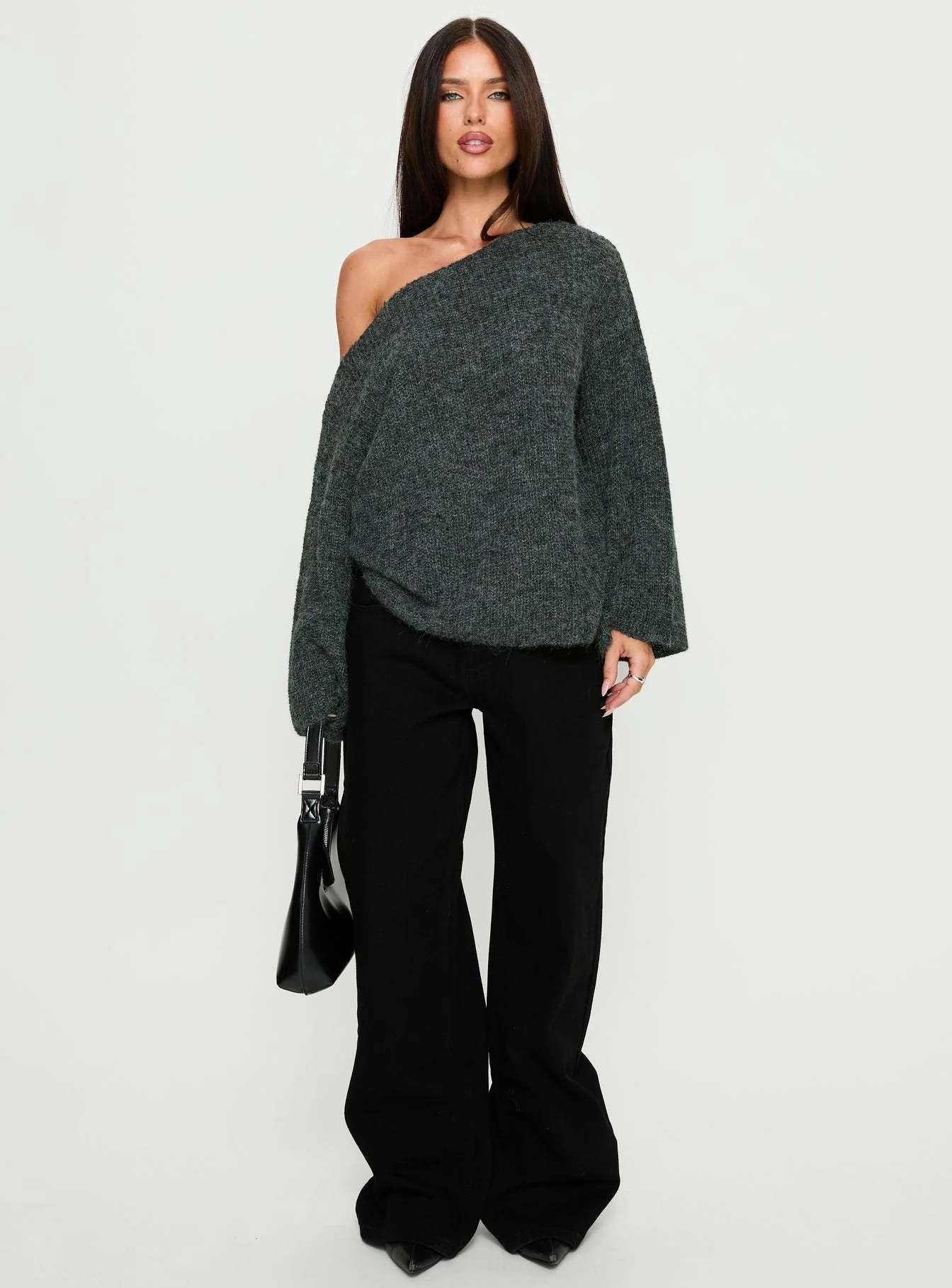Delyn Off Shoulder Slouchy Knit Sweater Black Marle - Image 7