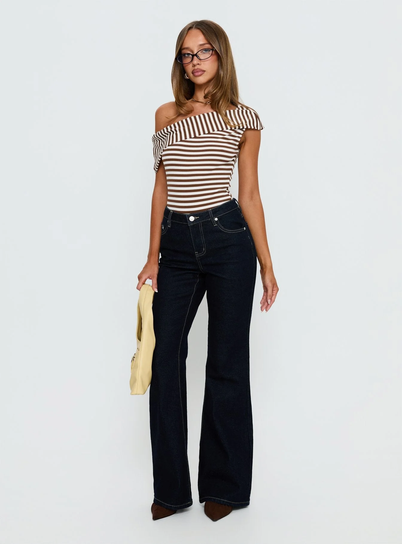 Demetria Off Shoulder Bodysuit Brown Stripe - Image 3