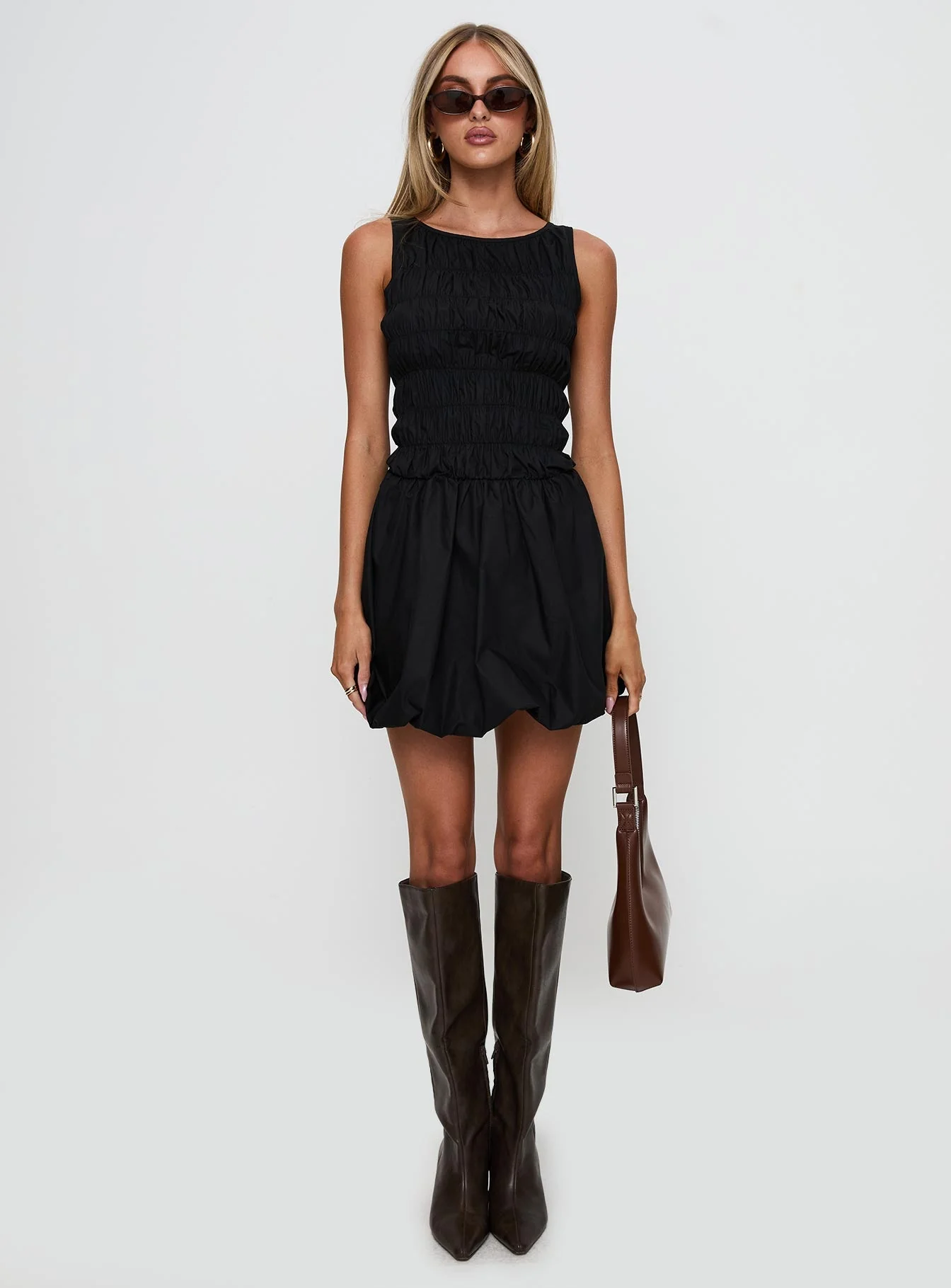 Demure Shirred Bubble Hem Mini Dress Black - Image 7