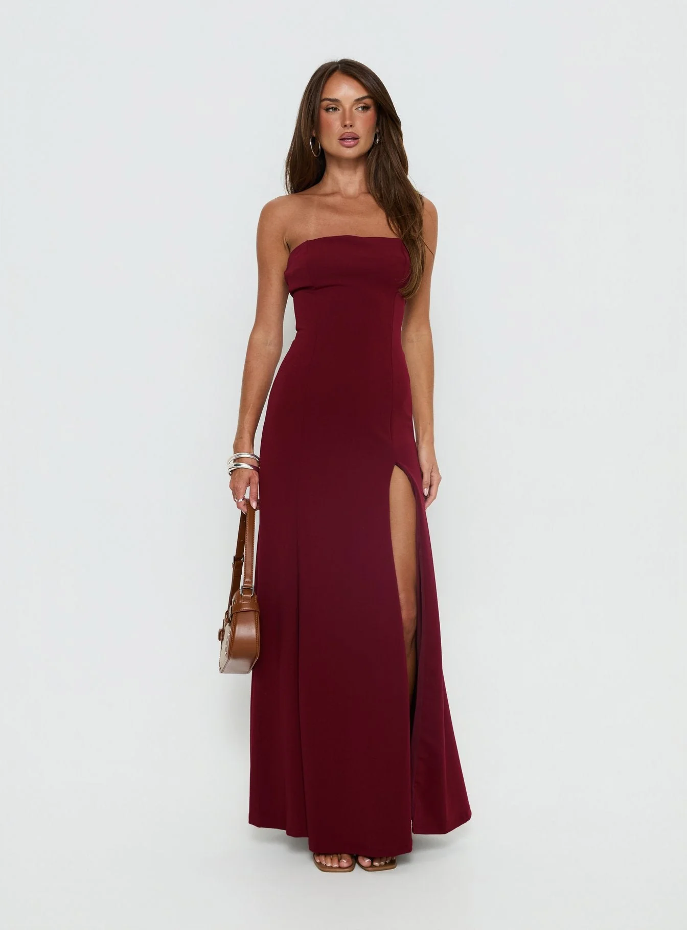 Diamanti Strapless High Slit Maxi Dress Burgundy - Image 3