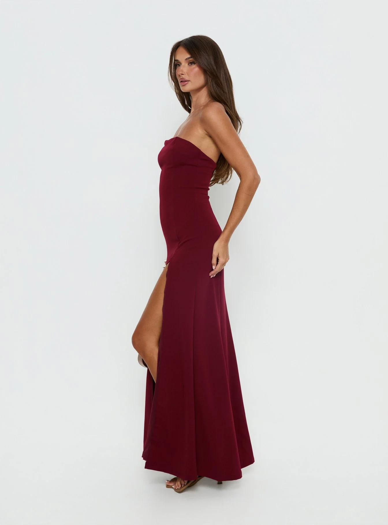 Diamanti Strapless High Slit Maxi Dress Burgundy - Image 4