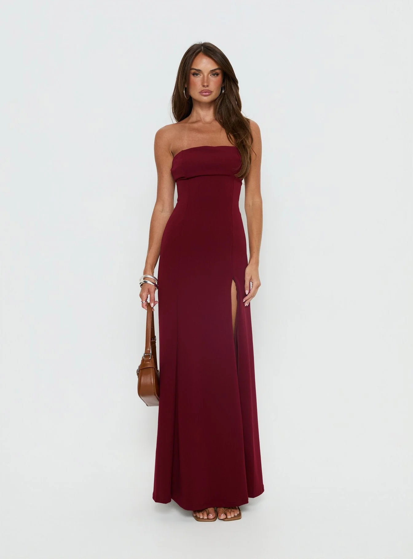 Diamanti Strapless High Slit Maxi Dress Burgundy - Image 7