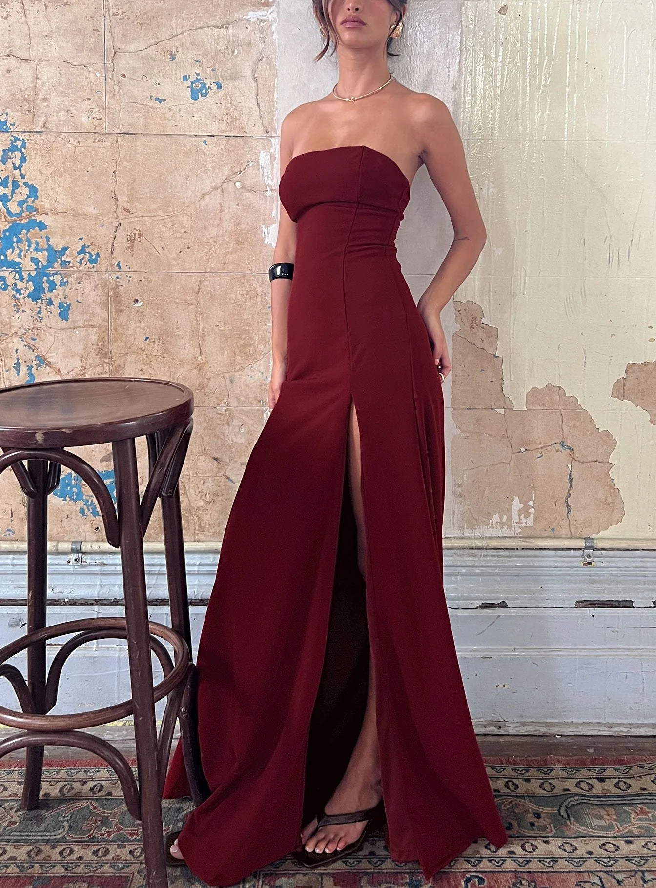 Diamanti Strapless High Slit Maxi Dress Burgundy - Image 9