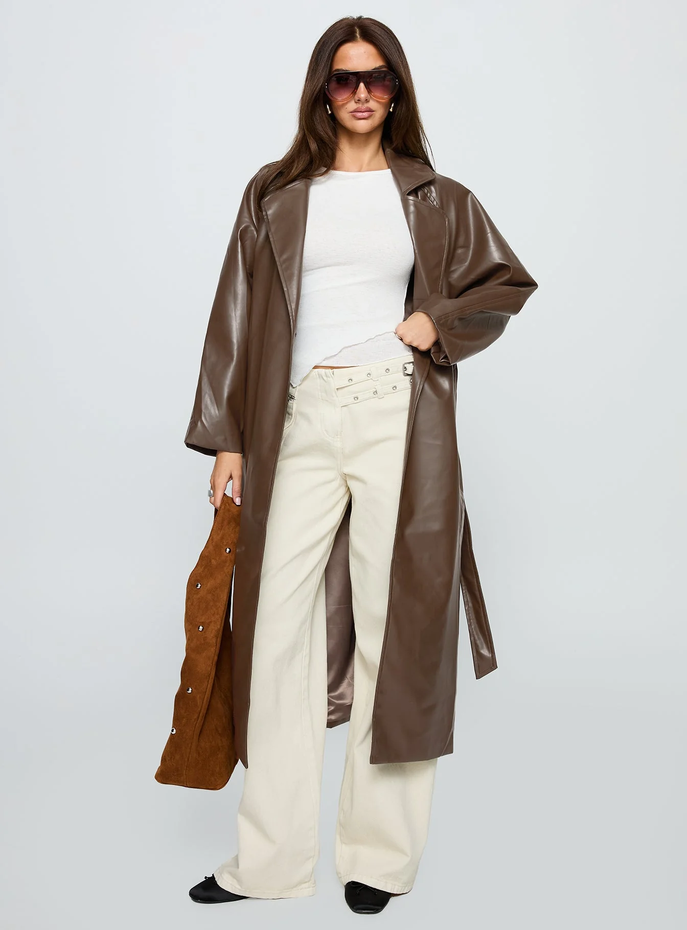 Dime A Dozen Faux Leather Trench Coat Brown - Image 2