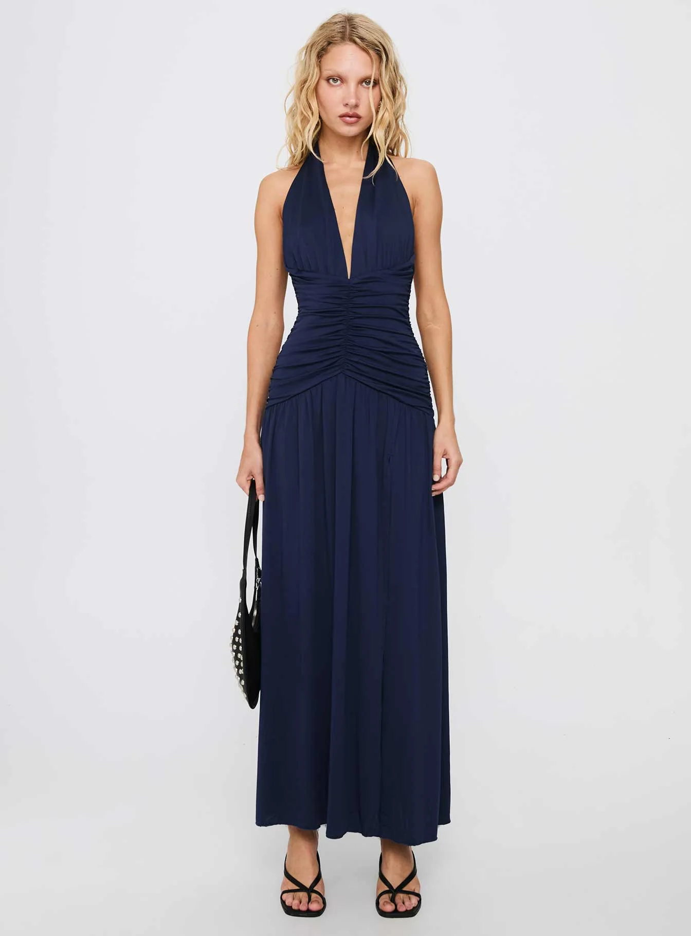 Diona Halter Ruched Maxi Dress Navy - Image 7