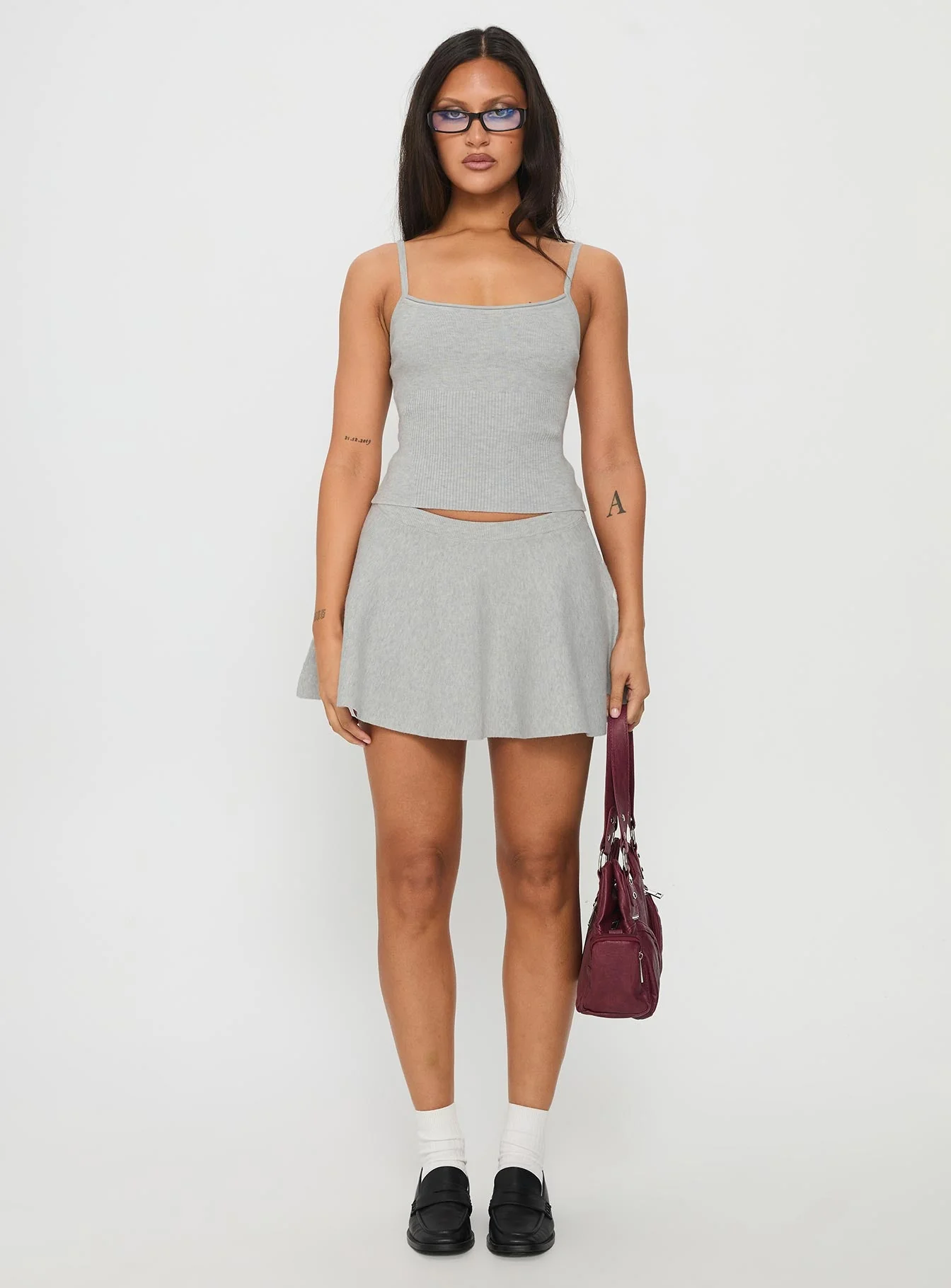 Juni Floaty Knit Mini Skirt Grey Marle - Image 7