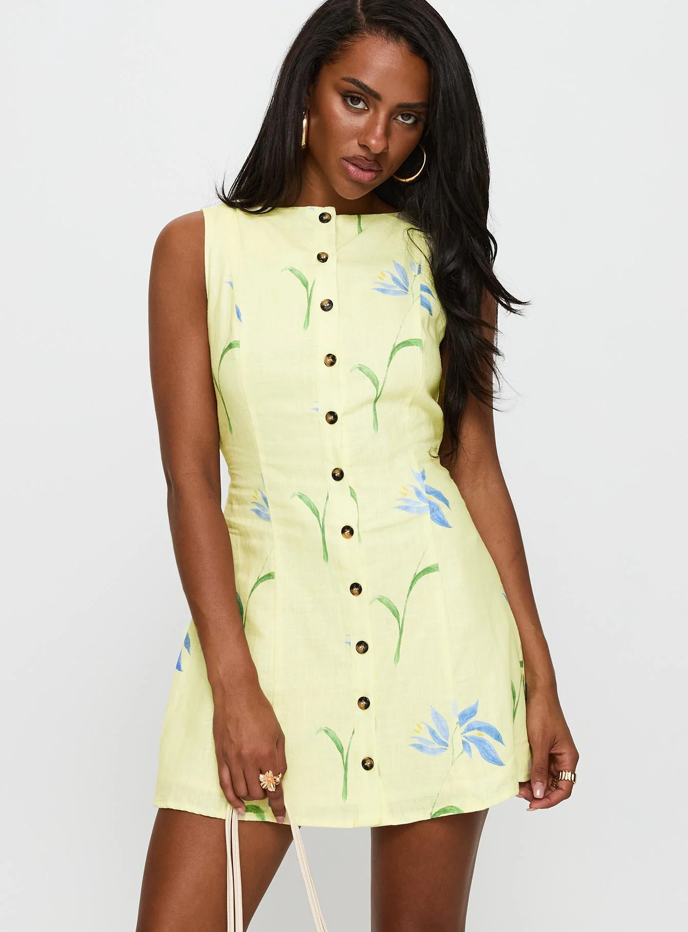 Dollie Linen Mini Dress Yellow Floral - Image 2