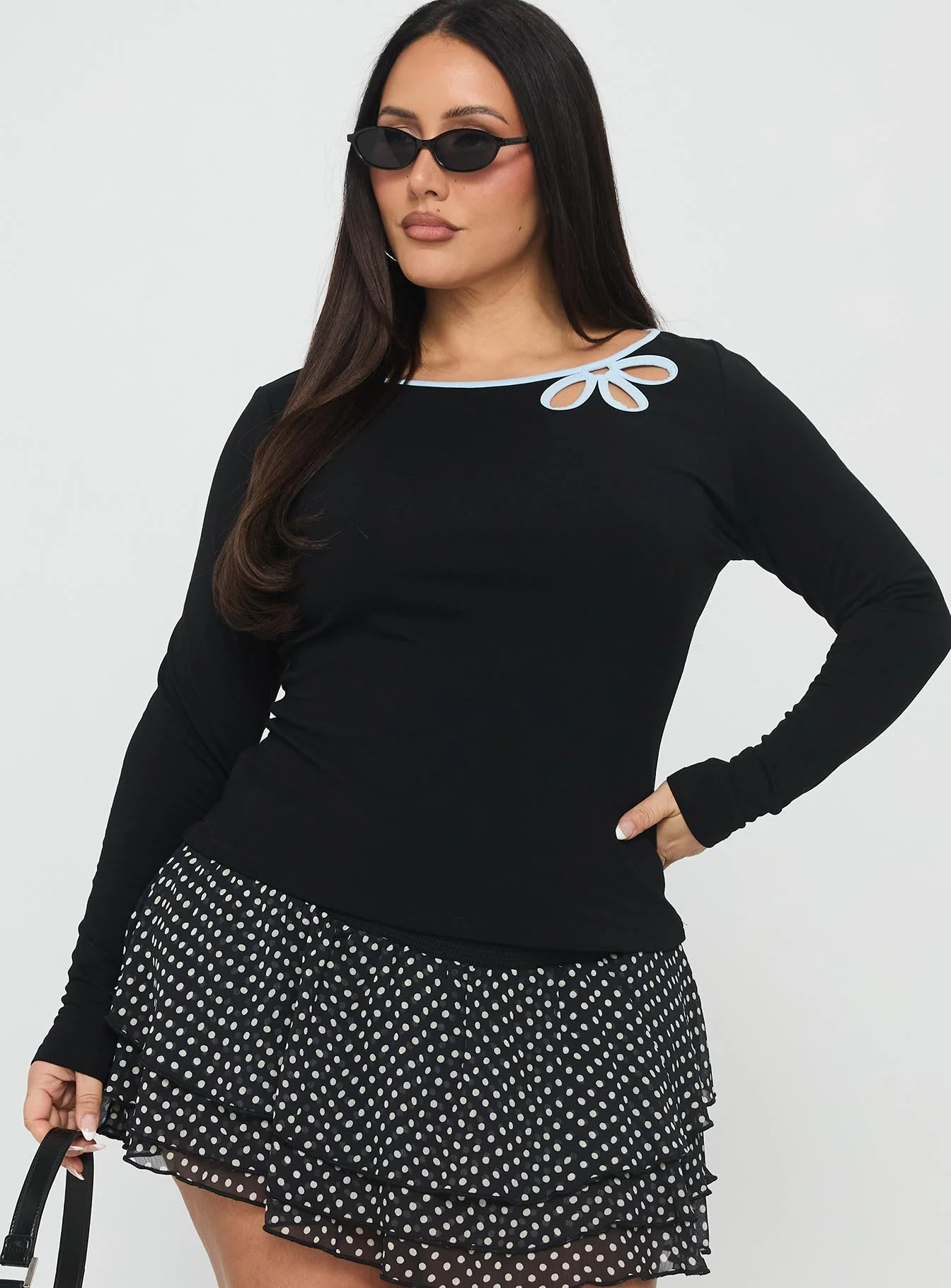 Double Back Floral Cut Out Long Sleeve Top Black Curve - Image 2