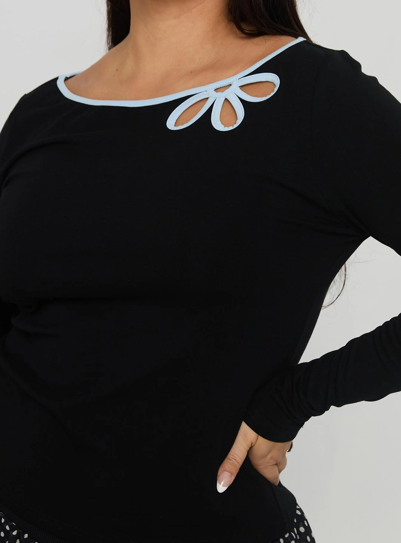 Double Back Floral Cut Out Long Sleeve Top Black Curve - Image 6