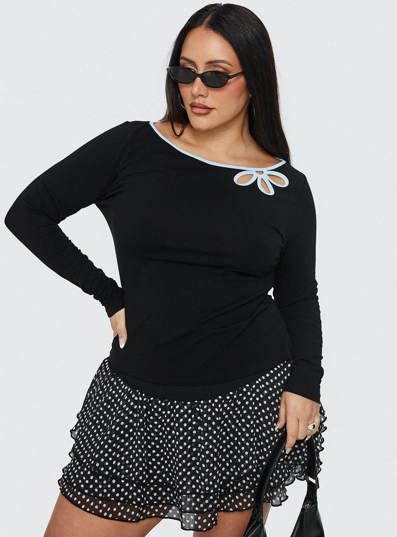 Double Back Floral Cut Out Long Sleeve Top Black Curve - Image 8