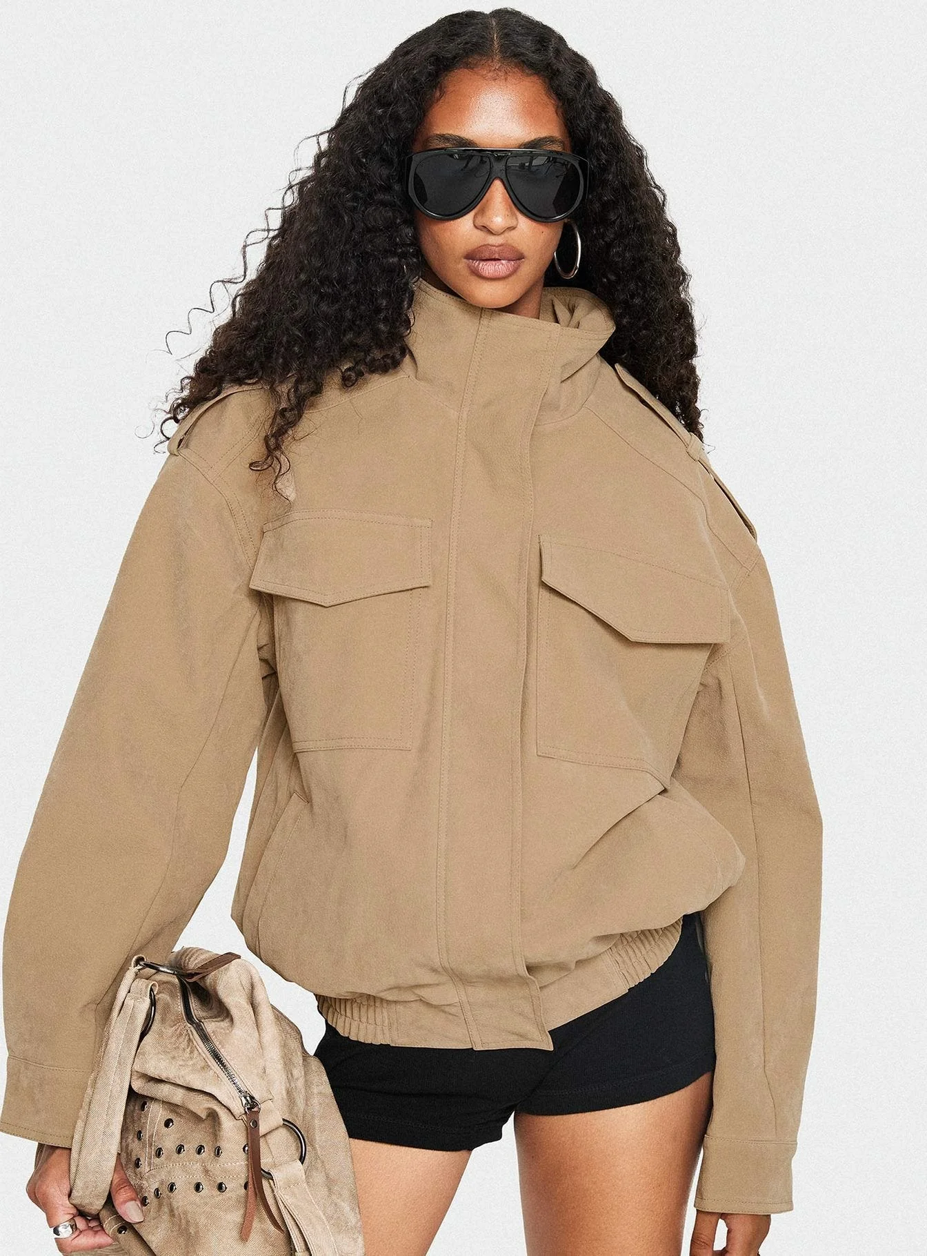 Double Life Funnel Neck Cargo Jacket Beige - Image 2