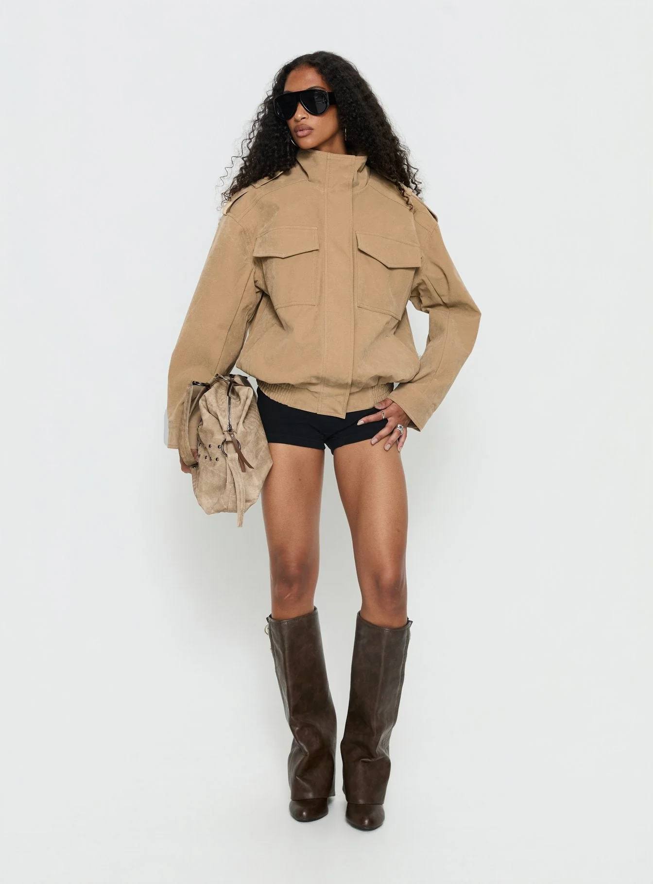 Double Life Funnel Neck Cargo Jacket Beige - Image 3