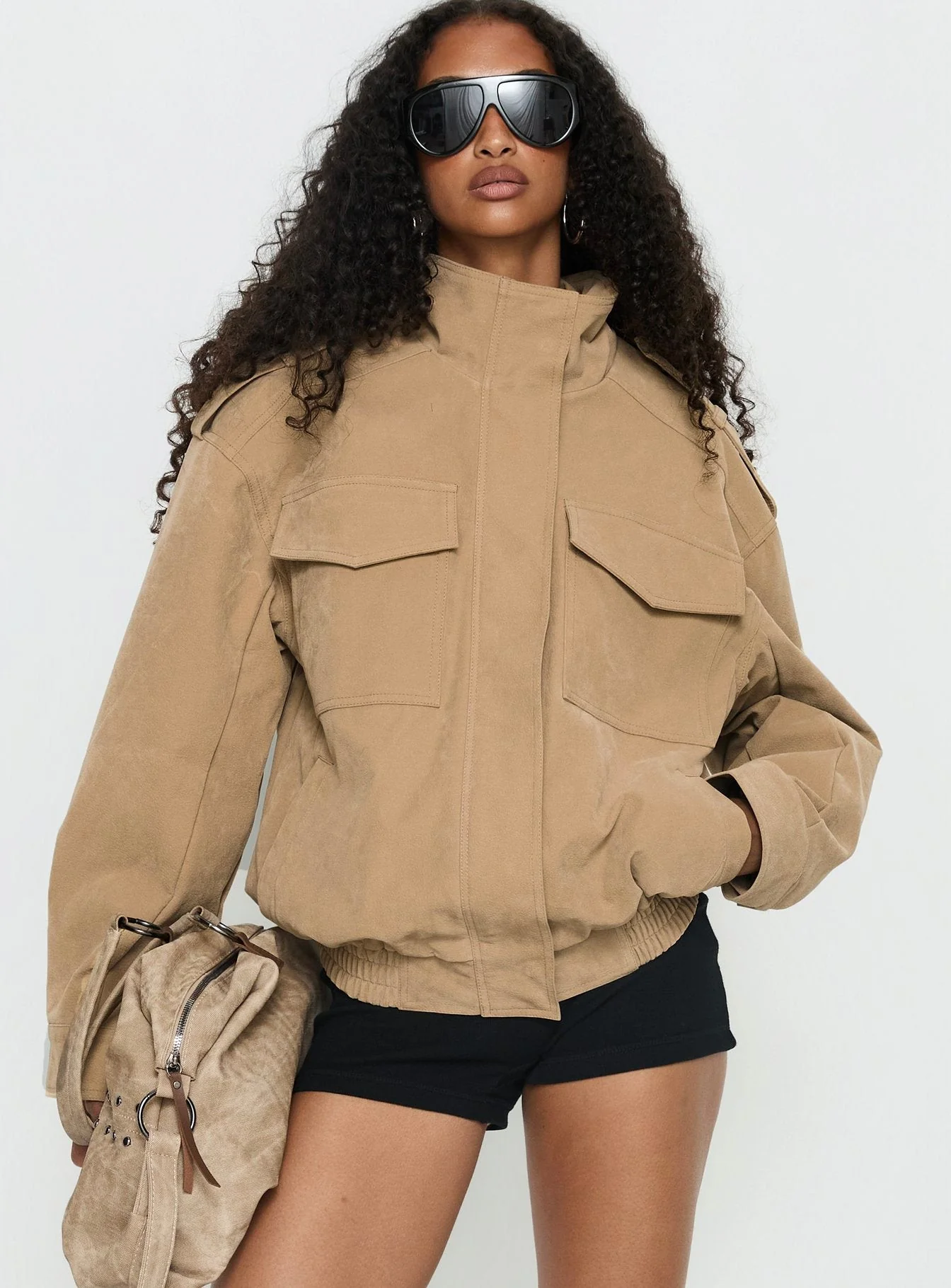 Double Life Funnel Neck Cargo Jacket Beige - Image 9