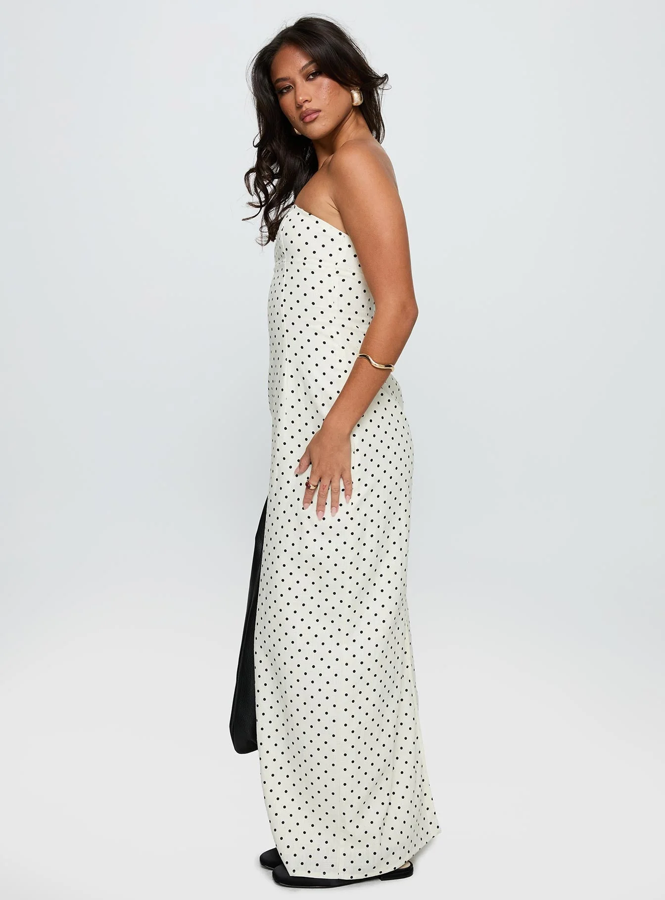 Dovie Linen Blend Strapless Midi Dress Cream Polka - Image 4