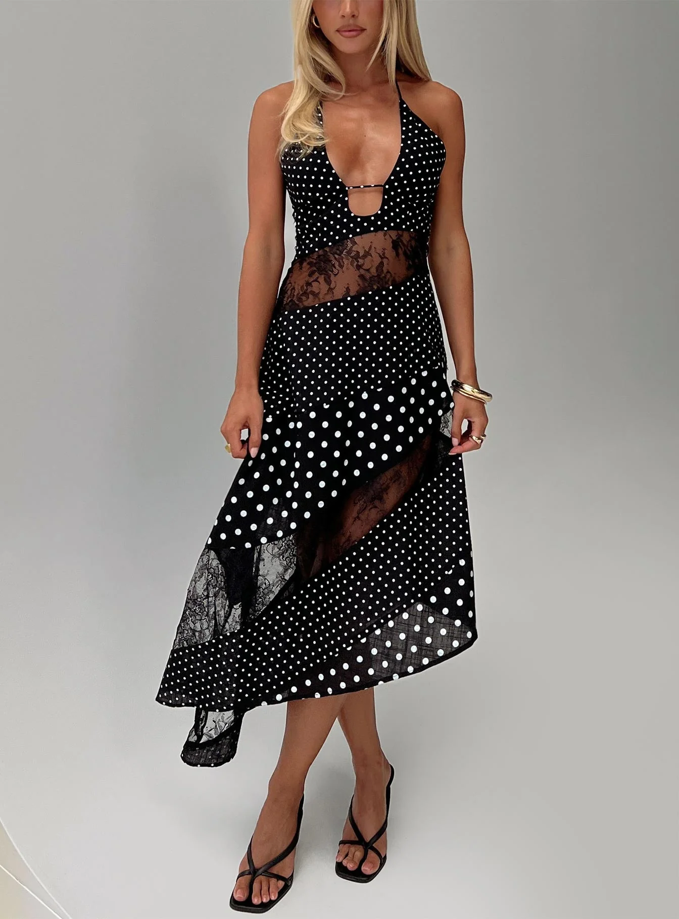 Down With Love Asymmetrical Midi Dress Black / White Polka Dot - Image 8