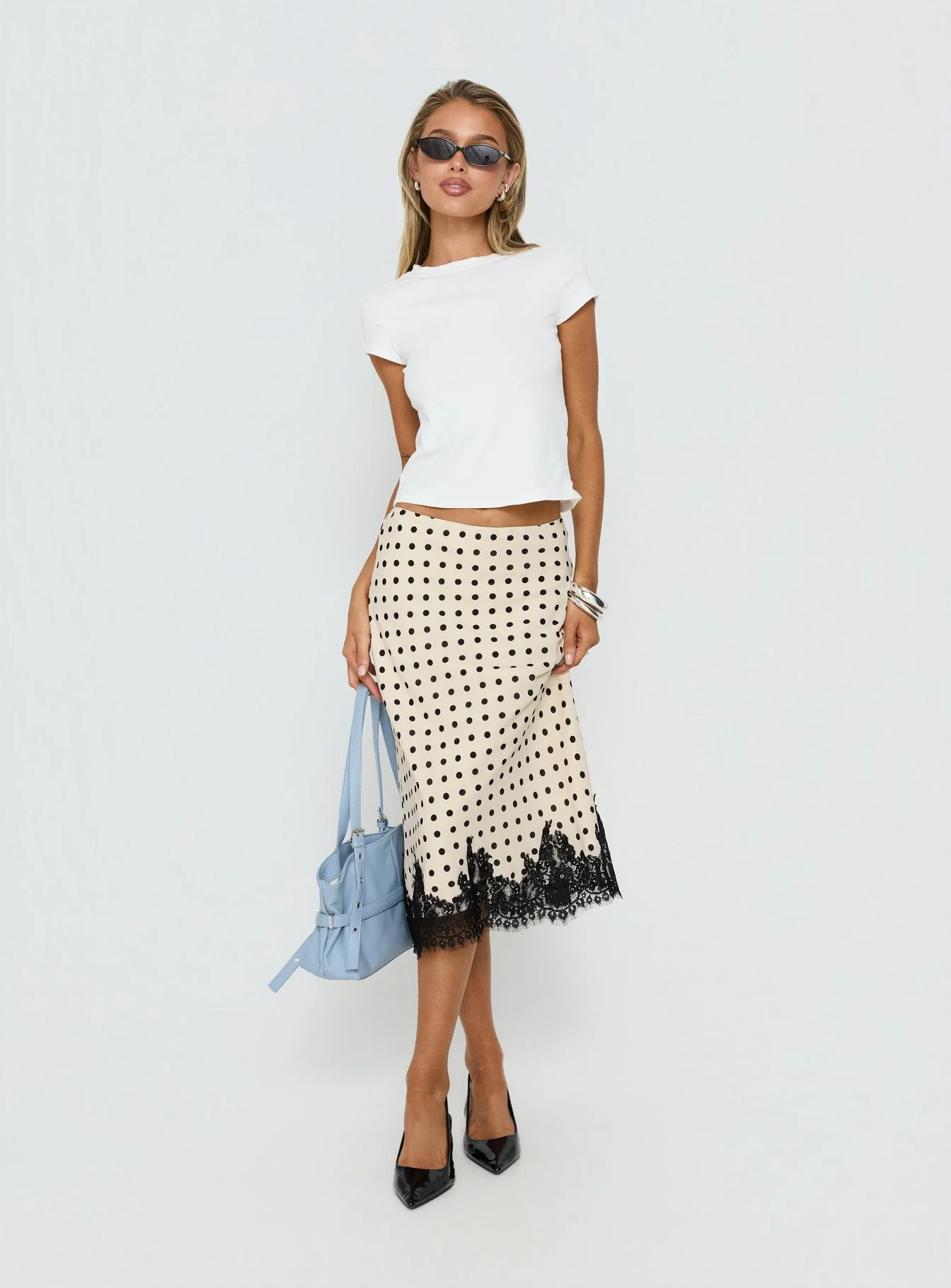 Downtown Scene Lace Trim Maxi Skirt Cream Polka - Image 2