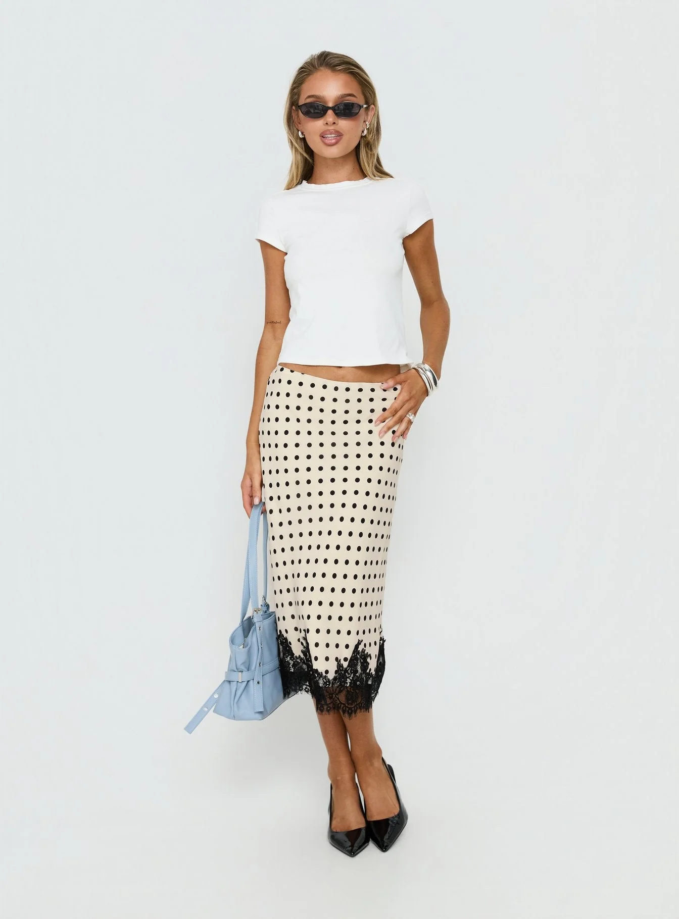 Downtown Scene Lace Trim Maxi Skirt Cream Polka - Image 3