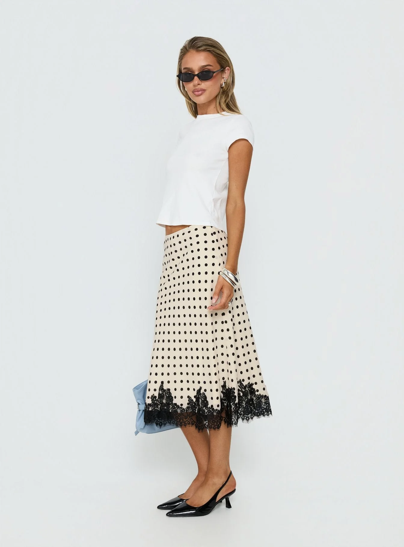 Downtown Scene Lace Trim Maxi Skirt Cream Polka - Image 4